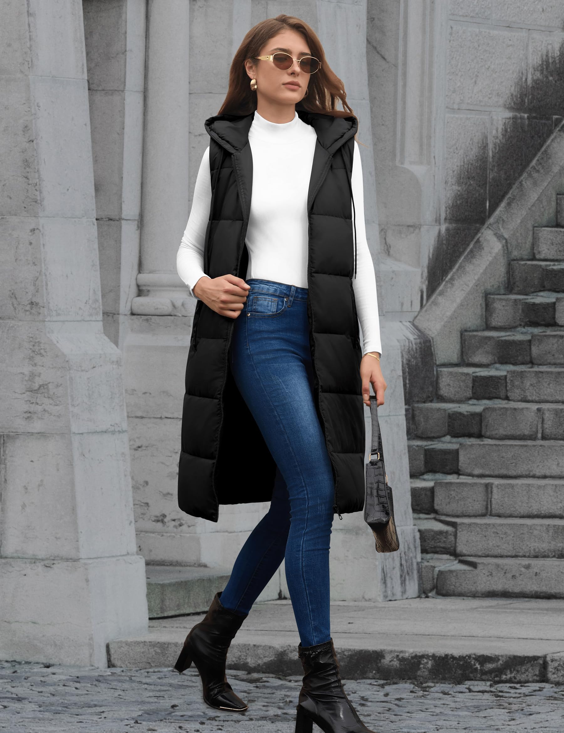 Fengbay Chaleco Largo Acolchado para Mujer, Chaleco Sin Mangas con Capucha Ajustable, Relleno de Plumón Ligero, Abrigo Invierno con Bolsillos, Cálido y Elegante para Calle, Viaje y Exterior