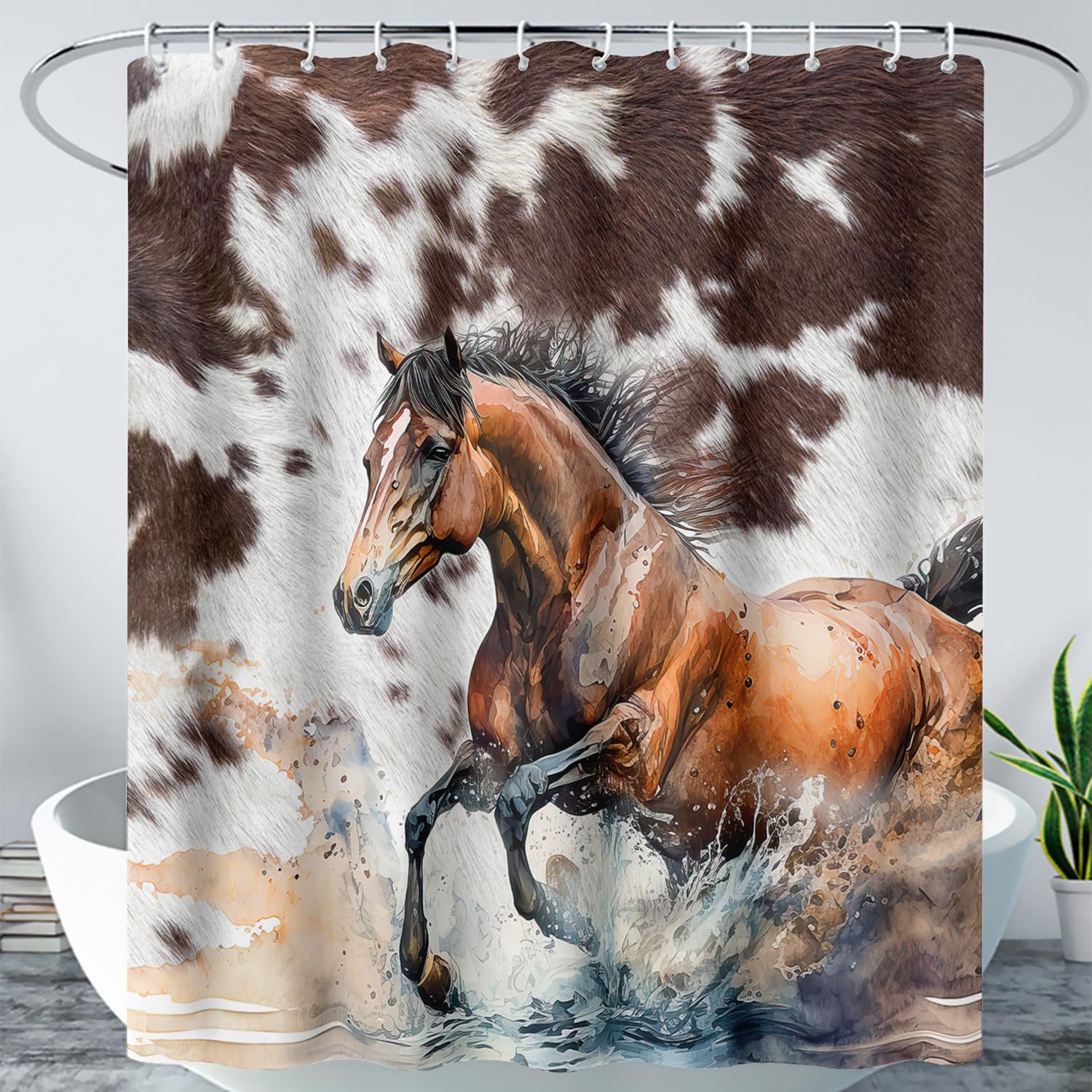 AILONEN 3D Black Horse Shower Curtain,Galloping Horse Shower Curtain for Bathroom for Kids,Boys,Brown Cowhair Waterproof Fabric Bath Shower,Wildlife Theme Shower Curtain Set with Hooks,48