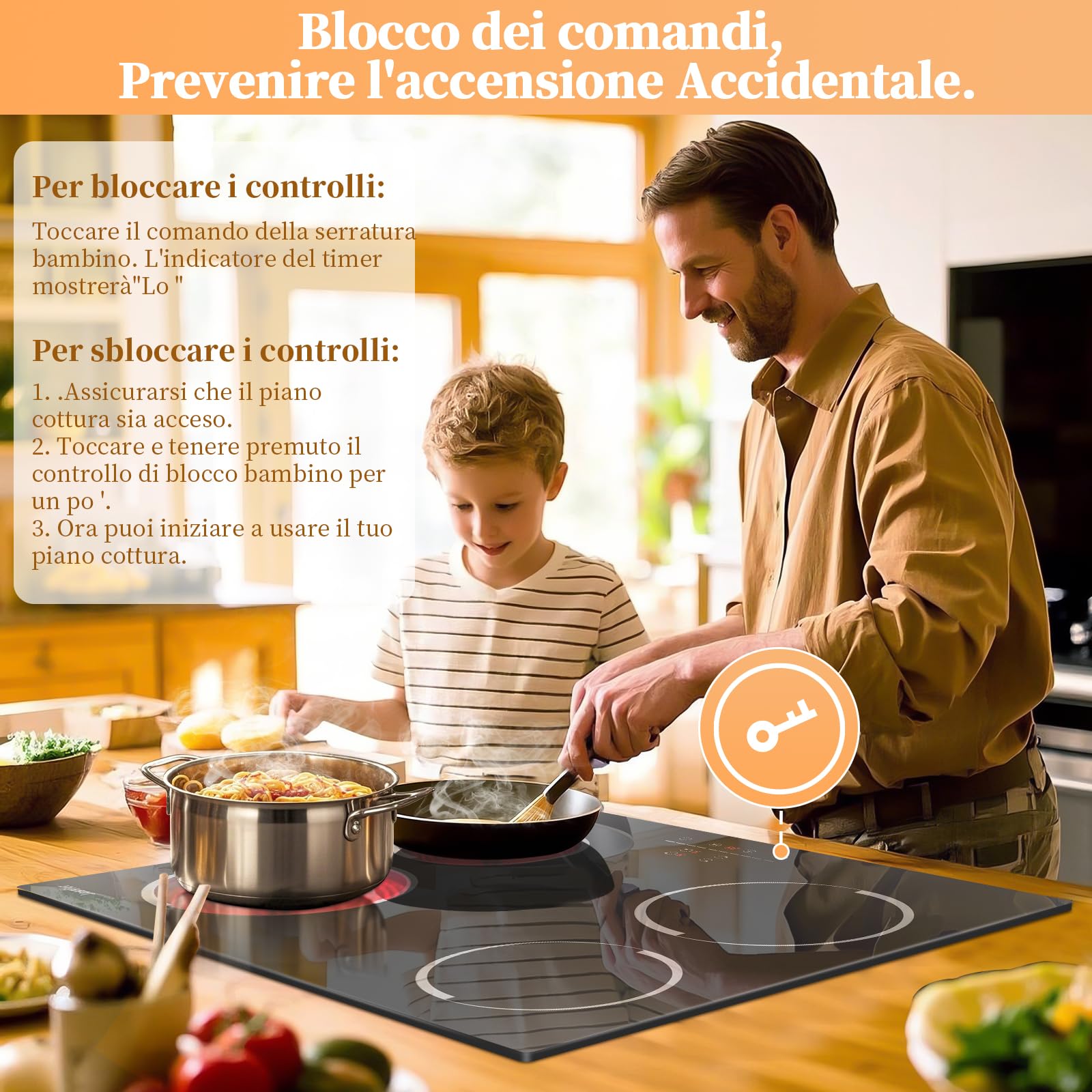 Piano Vetroceramica 4 Fuochi 6000W, Jessier Piano Cottura Elettrico 4 Piastre 9 Livelli di Potenza, Funzione Pausa, Timer, Blocco di Sicurezza