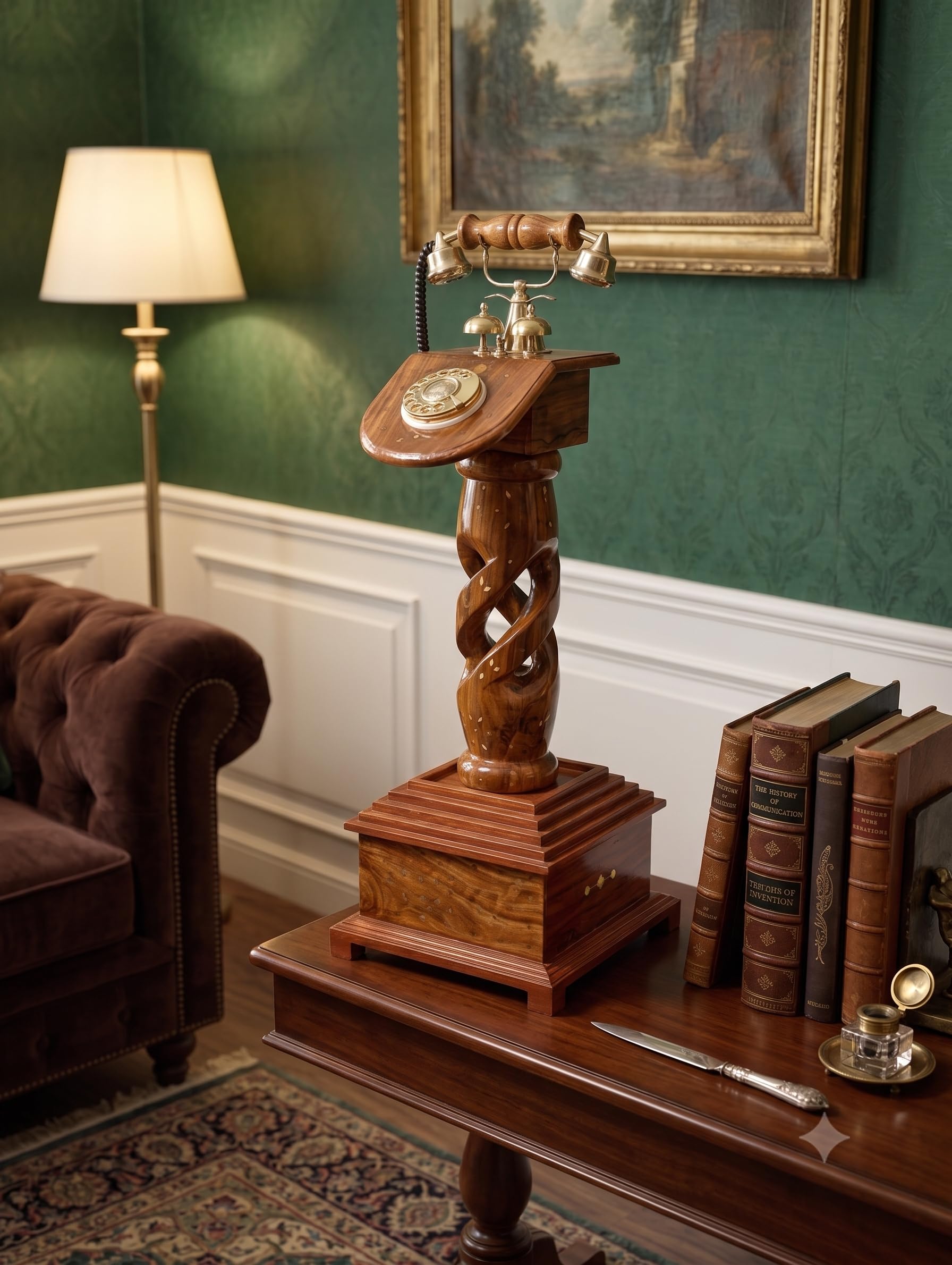 Handcrafted Wooden & Brass Vintage Rotary Telephone Decor with Carved Pedestal Stand – Antique Maharaja Telephone Showpiece for Living Room, Office Desk & Luxury Home Decor (Working/Decorative)-image-38