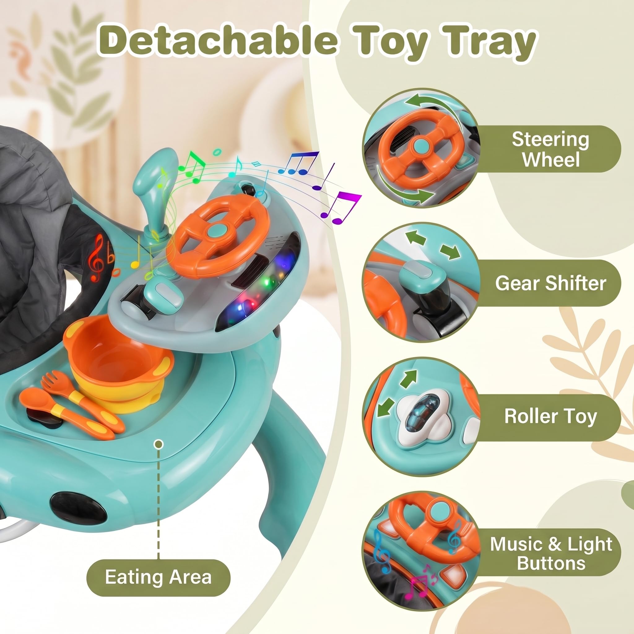 LIFEZEAL 6 in 1 girello per bambini con tettuccio, Girello Trasformabile, Pieghevole, altezza e velocità regolabili, Baby Walker con luce, musica, Portata 12 kg, per Bambini 7-18 Mesi (arancione)