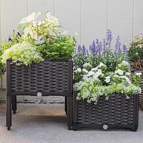 Barton Cama de jardín elevada de plástico marrón con diseño de riego automático para exteriores, kit de jardinera elevada con ruedas móviles