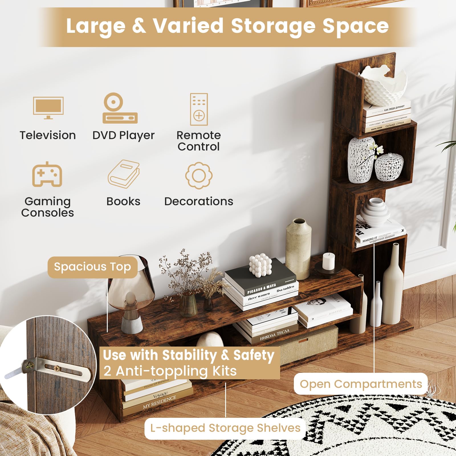 KOMFOTTEU Mobile TV Soggiorno con Mensole a Forma di L e Scomparti Aperti, Mobiletto Multifunzione per Televisione fino a 50”, Mobile Porta TV e Libri in Legno per Camera da Letto, Ingresso (Marrone)