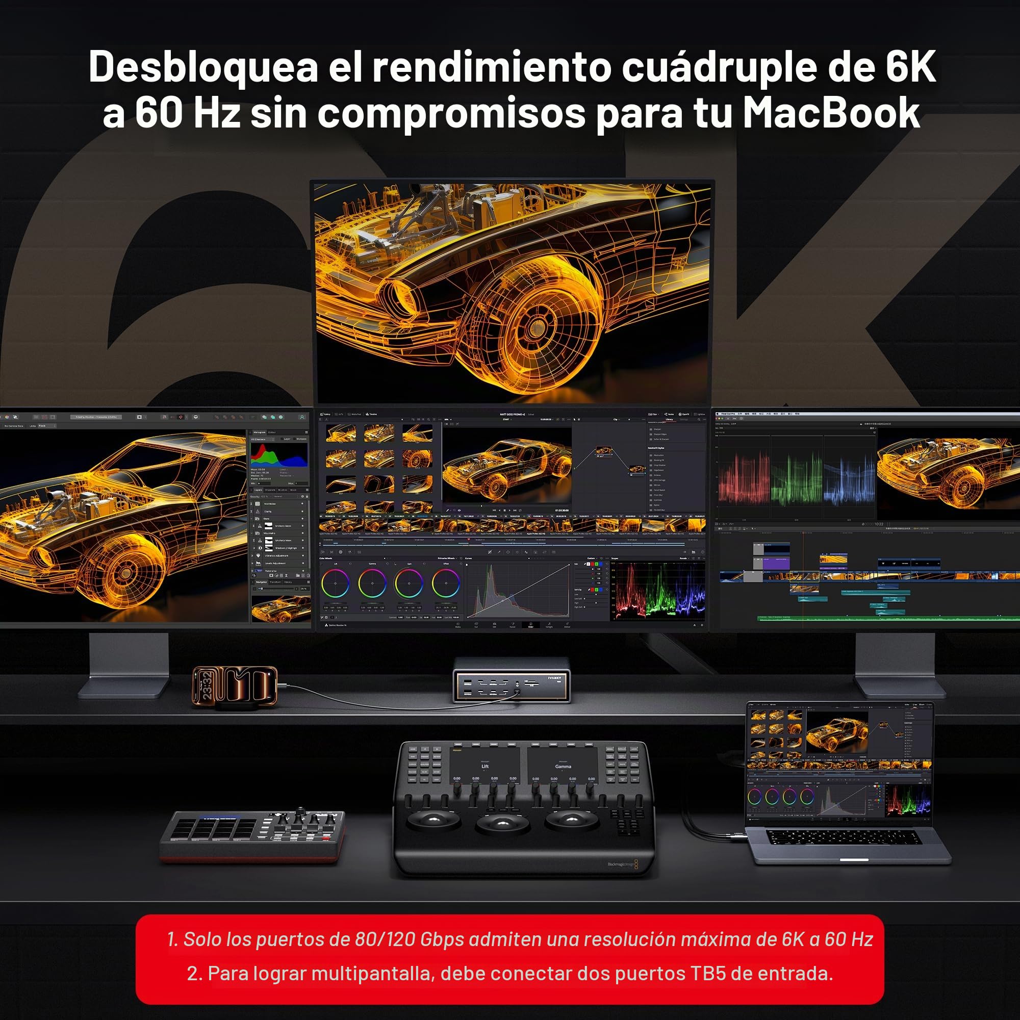iVANKY 26-en-1 Thunderbolt 5 Estación de Acoplamiento con Doble TB5 Chips | 10GbE, Dock de Pantalla Quad 6K/Triple 8K para Mac M1-M5 Pro/MAX, 120Gbps, 10Gbps, 140W PD, SD 4.0 (incompatible con Windows)