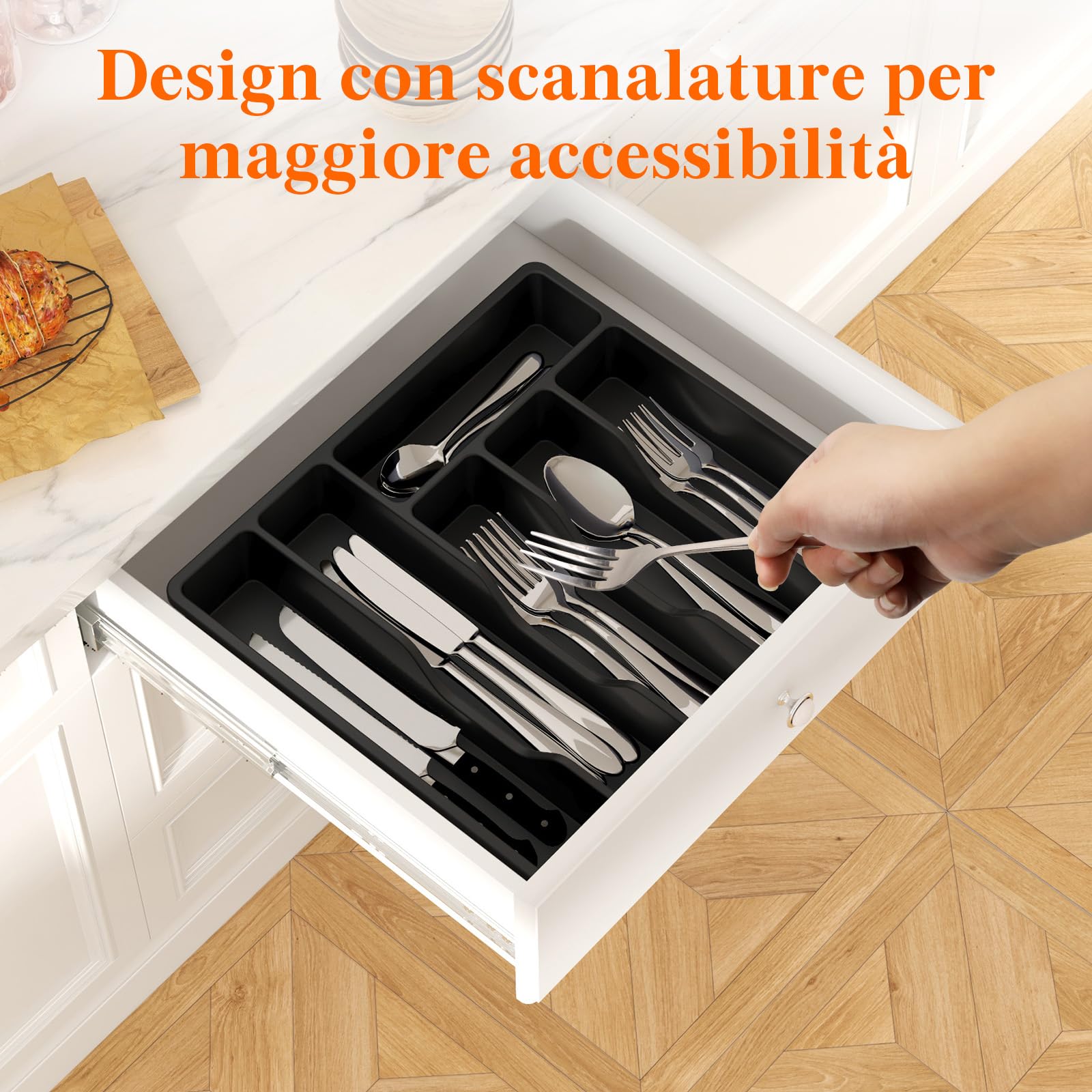 Lifewit Portaposate con Coperchio, Contenitore Porta Posate da Cassetto per Cucina, Organizer in Plastica per Cassetto per Cucchiai, Forchette, Coltelli, 6 Scomparti, Nero