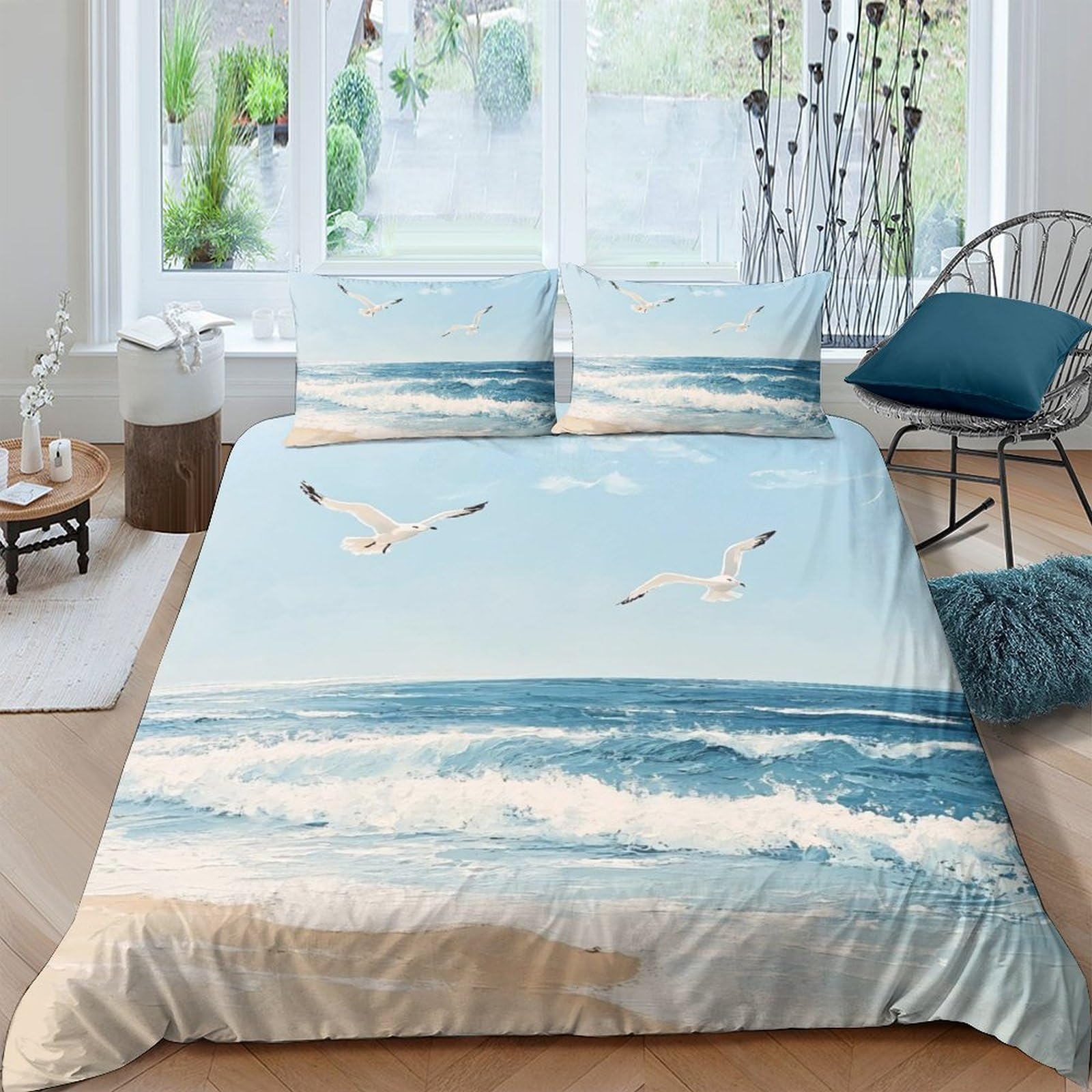 Ctjqhvkz Style-7 3D Printed Ocean Beach Fitted Sheet Microfiber Soft Breathable Seagull Mattress Cover Bedroom Decor Protection Single（135X200cm）