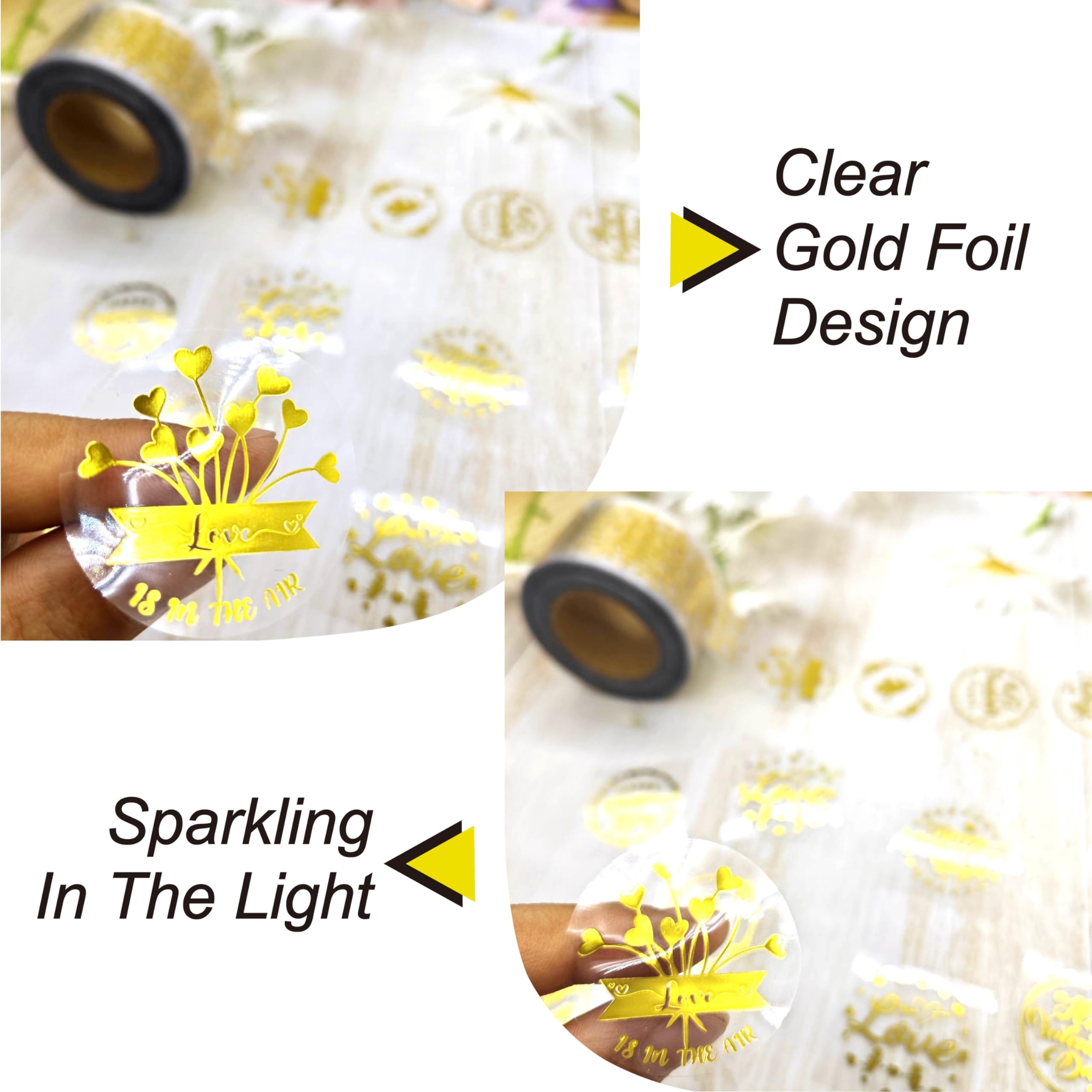 Masper Valentines Stickers, 3.8 cm, 600 Sheets, 6 Waterproof Transparent Gold Foil Shiny Designs - Image 3
