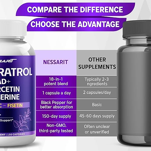 Miniatura 7 de RESVERATROL Suplemento de 6,320 mg  Mezcla natural 18 en 1 con NAD + cardo mariano astrágalo Rhodiola Gotu Kola Arándano  150 unidades  Hecho y