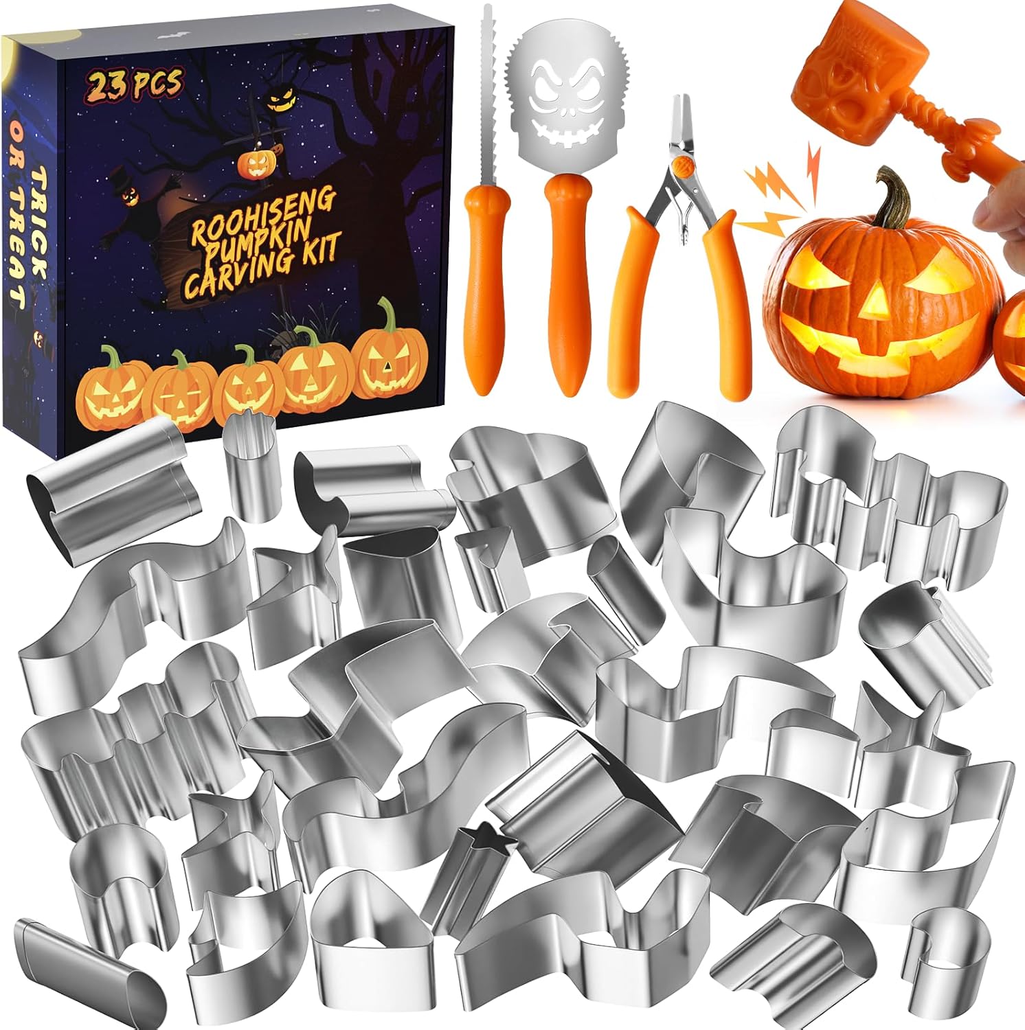 Pumpkin Carving Kit Tools for Kids, Halloween Cookie Cutters Set Stainless Steel, Safe Pumpkin Carving Stencils DIY Halloween Decoration Jack O Lanterns (23)