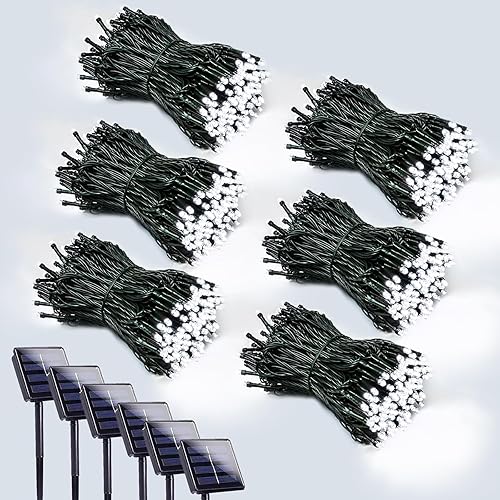 Miniatura 20 de Paquete de 2 tiras de 200 luces LED solares para exteriores, luces solares de Navidad para exteriores con 8 modos de iluminación, cable verde Blanco