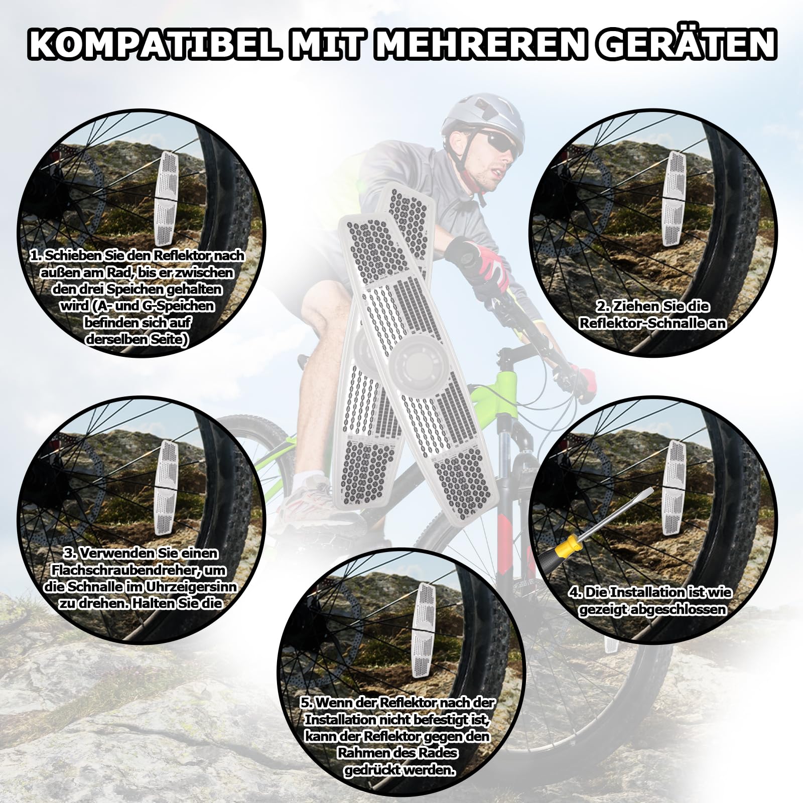 Lot De 6 Réflecteurs Xynovate – 1 Avant, 1 Arrière, 4 Rayons – ABS, Imperméable, Installation Sans Outil, Vélo/VTT/E-bike