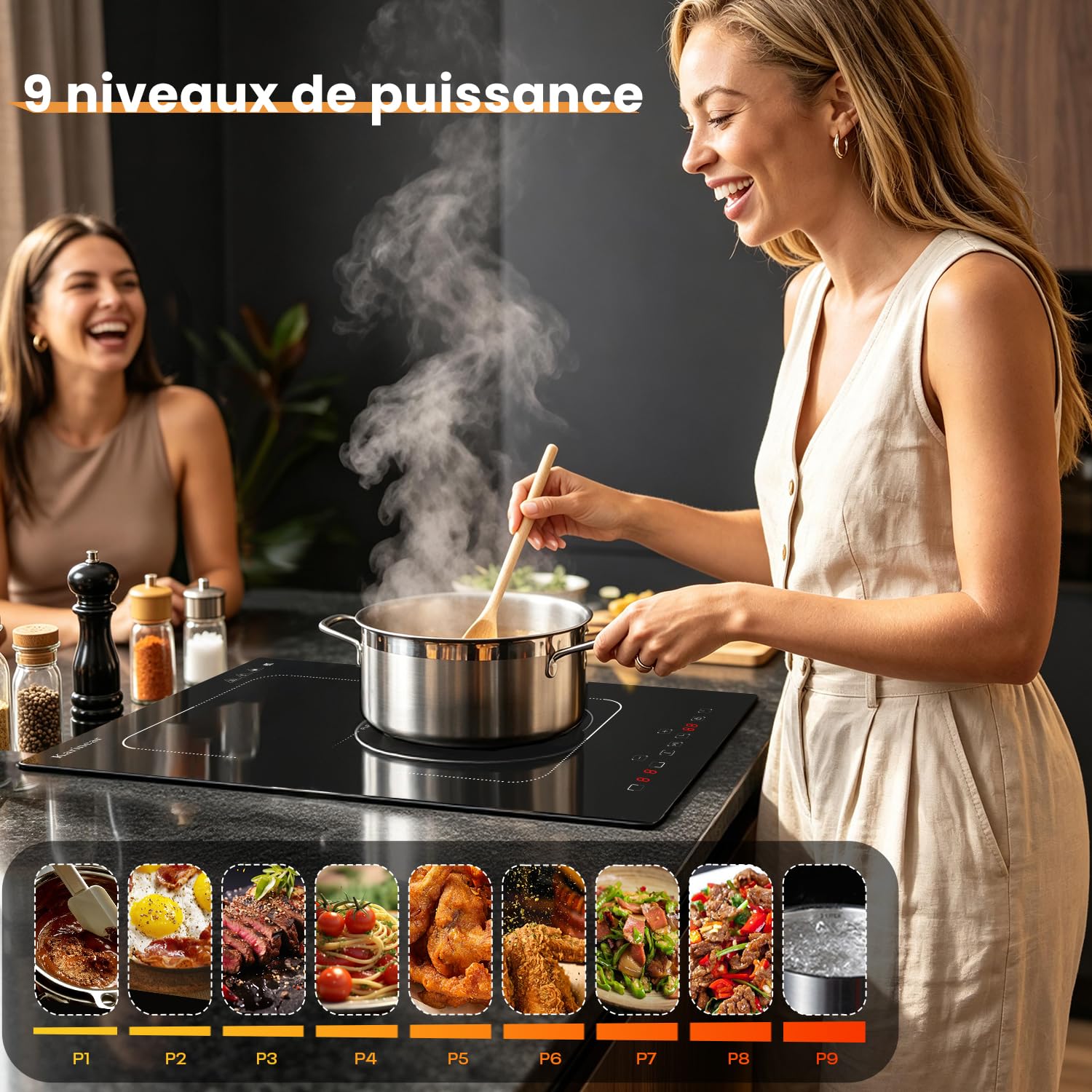 Karinear Plaque à Induction 2 Feux avec Prise, Table de Cuisson Induction Encastrable 30CM avec Zone Flexible, Commande Tactile, Minuteur, Fonction Pause, Verrouillage de Sécurité, 3500W, 220V