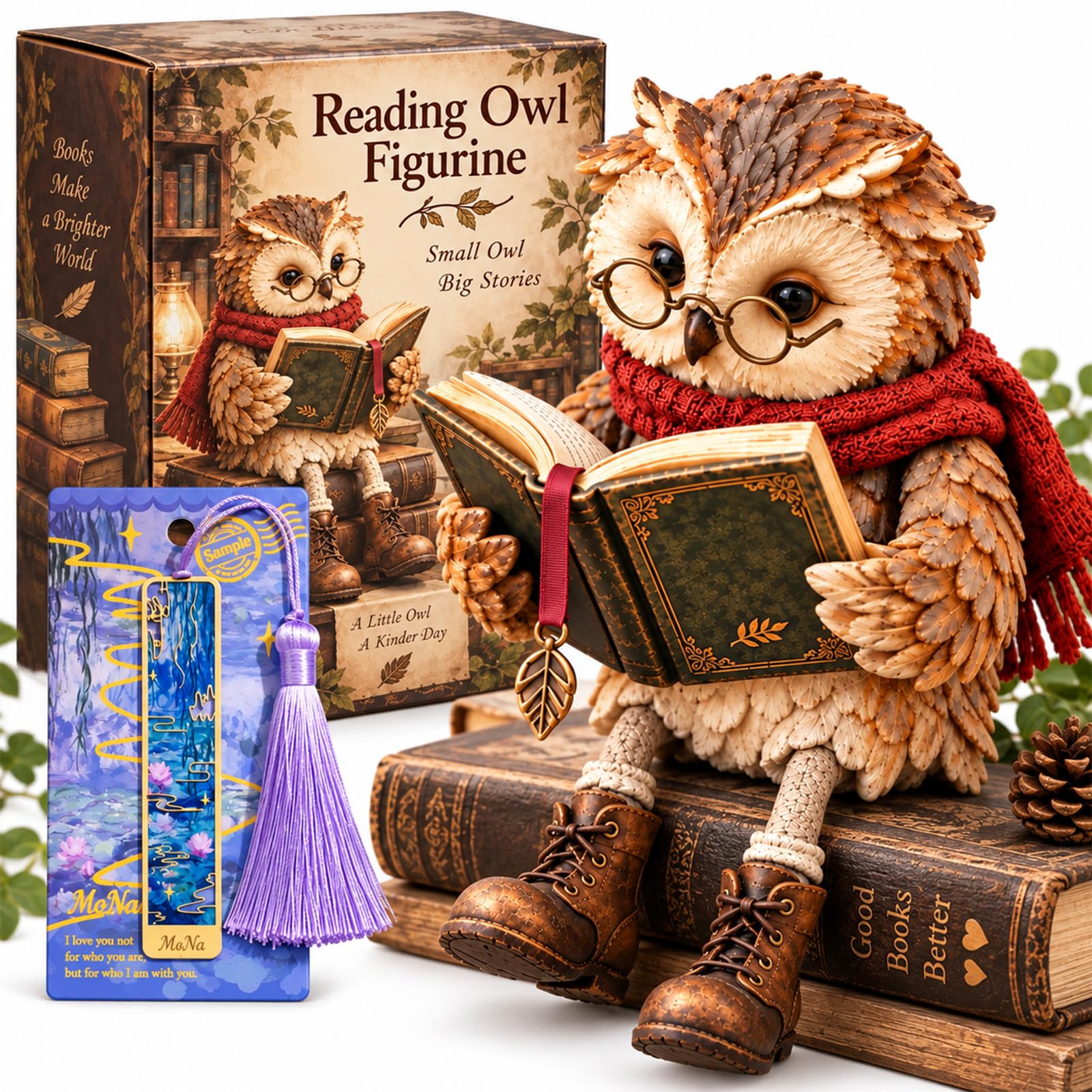 ELMVAR 3D Reading Owl Figurine, Reading Owl Figurine, Ow-l Read-ing a Book Ornament, 3D Resin Little Readers Cute Bookshelf Decor for Book Lovers and Home Office，1 Pcs