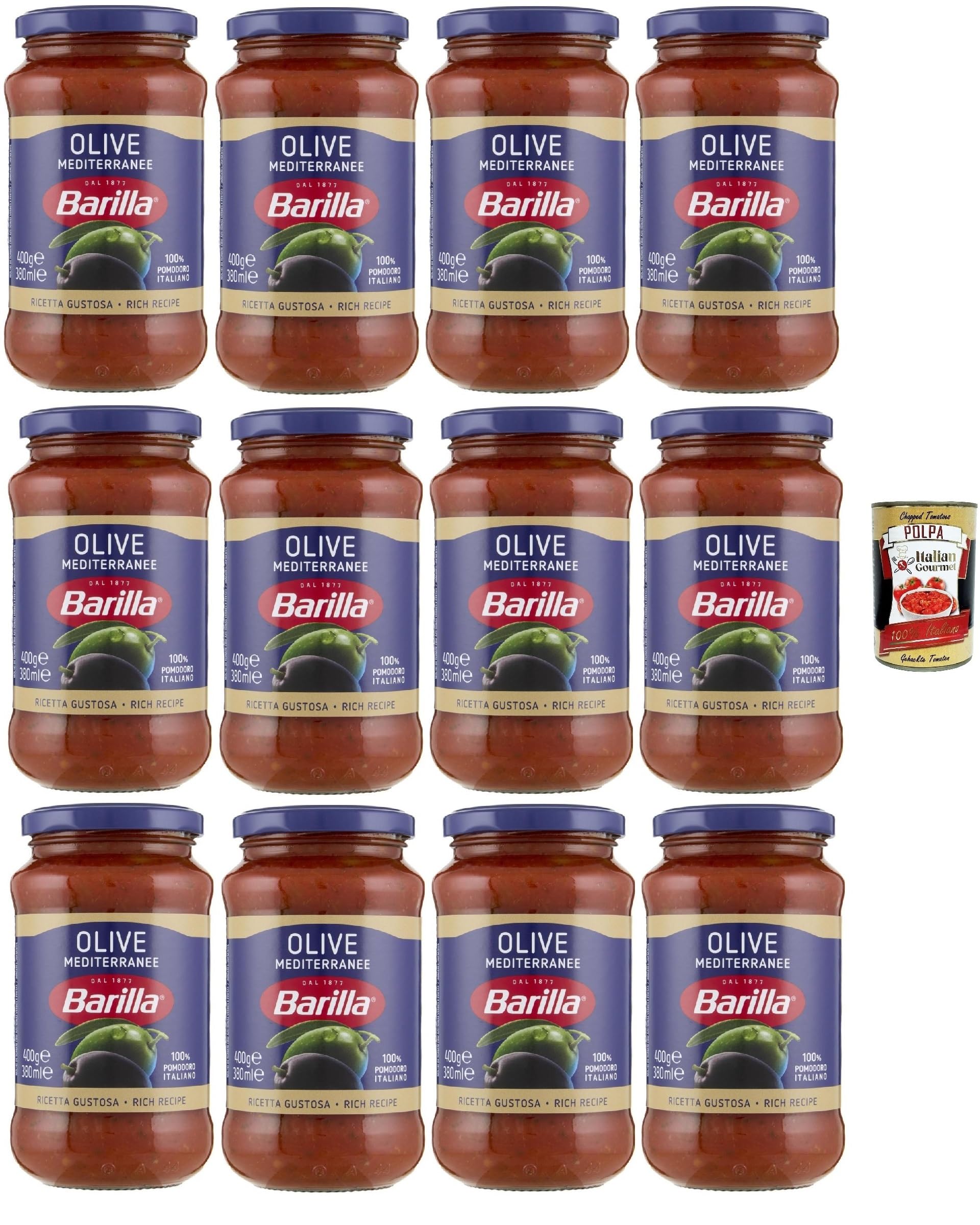 Italian Gourmet sugo alle Olive Mediterranee Pasta Sauce Tomaten 12 x 400g | Ricetta pronta con verdi e nere, fruchtig mediterran ohne, Gesamtnettogewicht 4,8 kg + Kostenlos Polpa 400g