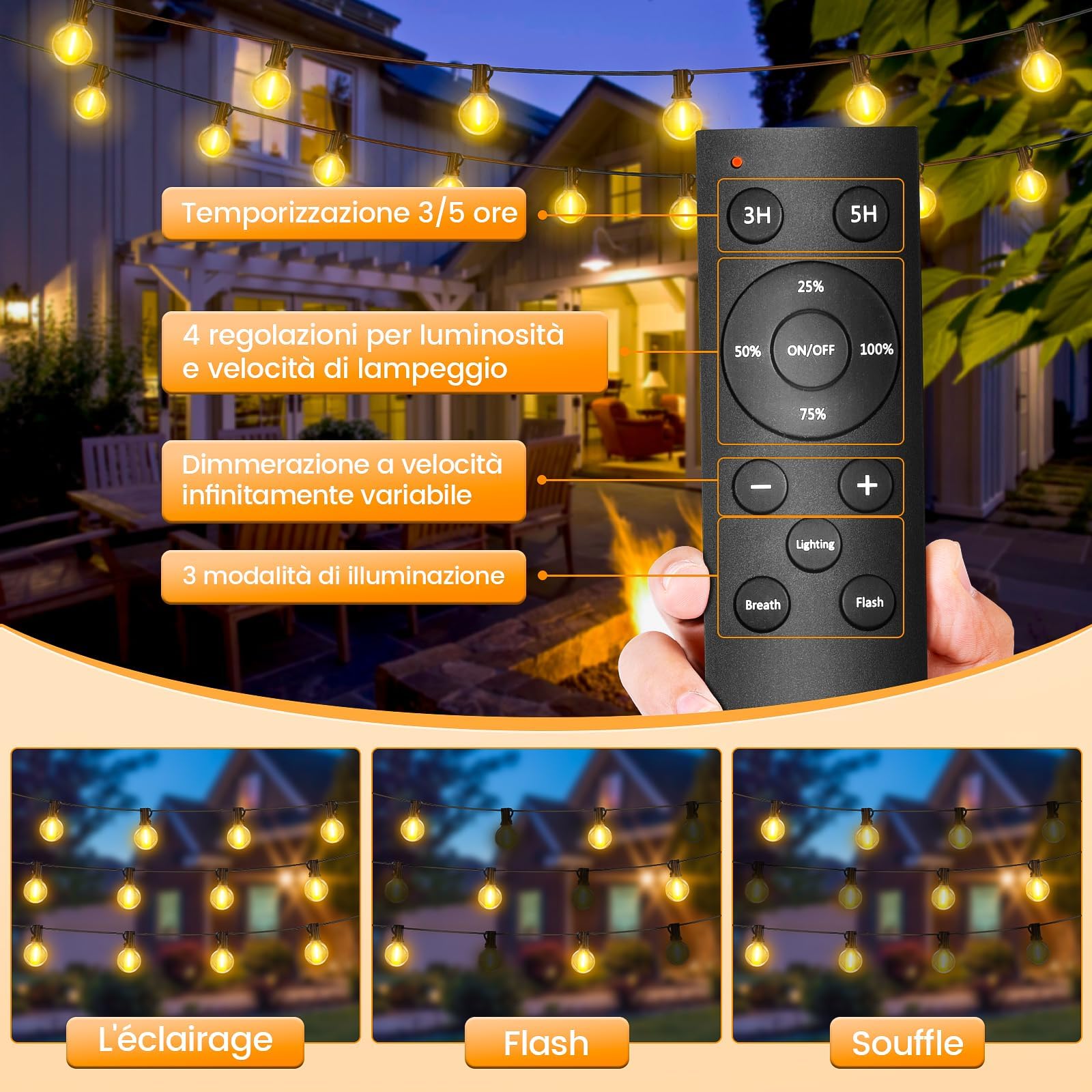 Luci da Catena Luminosa Esterno Giardino - Telecomando 30M Lucine Esterne Impermeabile Luce Gazebo Lampadine Filo Lampada Catene Luminose Esterni per Natale Terrazzo Balcone Matrimonio Partito