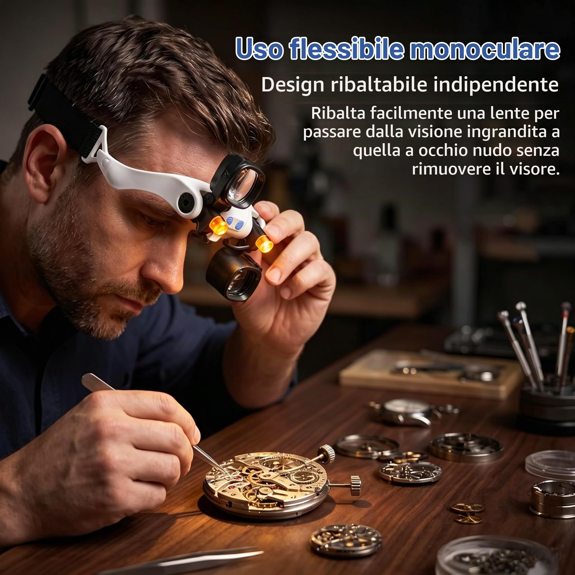 Occhiali Lente d'Ingrandimento con Luce LED, Professionale Ricaricabile Lente d'Ingrandimento 5 Lenti (2X-13X) Visiera Ingrandente per Gioiellieri Riparazione Orologi, Ricamo e Bricolage