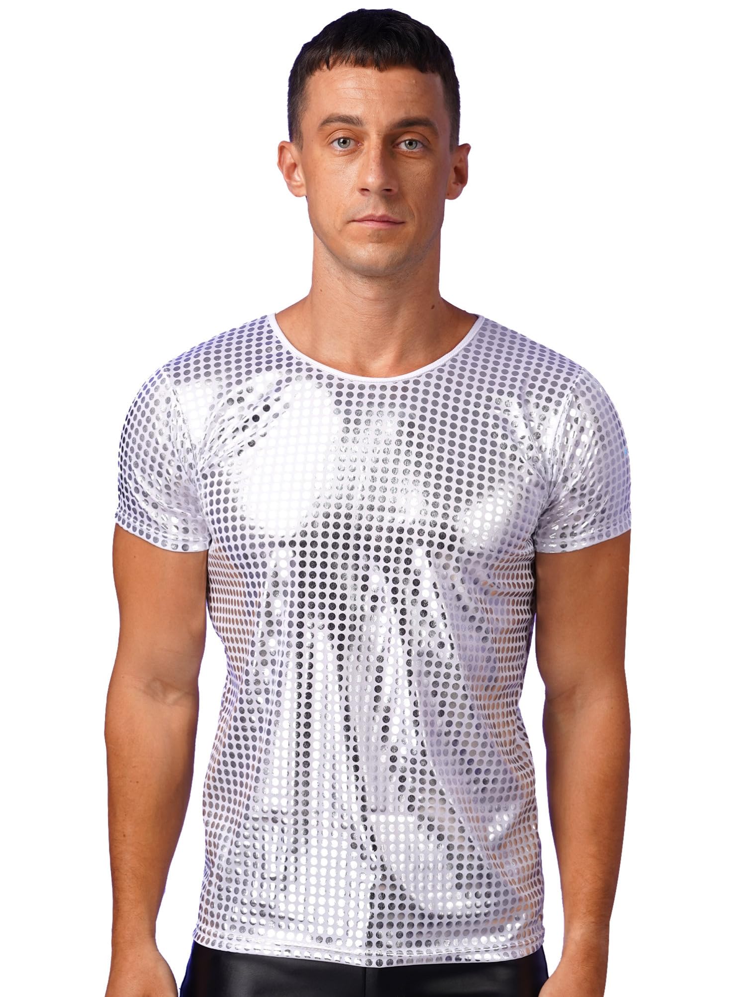 Chictrymens Short Sleeve Sparkle Sequins Shirts 70s Disco