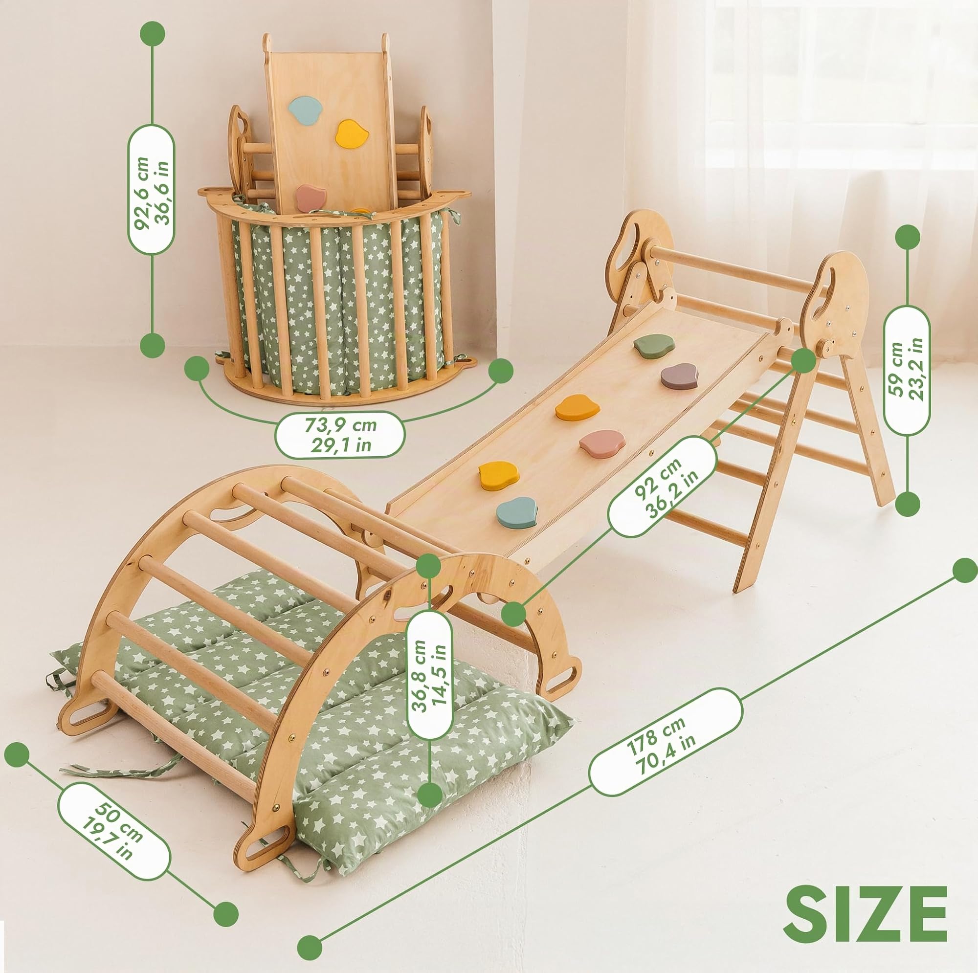 Goodevas Montessori Kit d'escalade 5 en 1 : triangle d'escalade d'intérieur, arche d'escalade avec coussins et toboggan pour enfants, aire de jeux d'intérieur de 1 à 3 ans