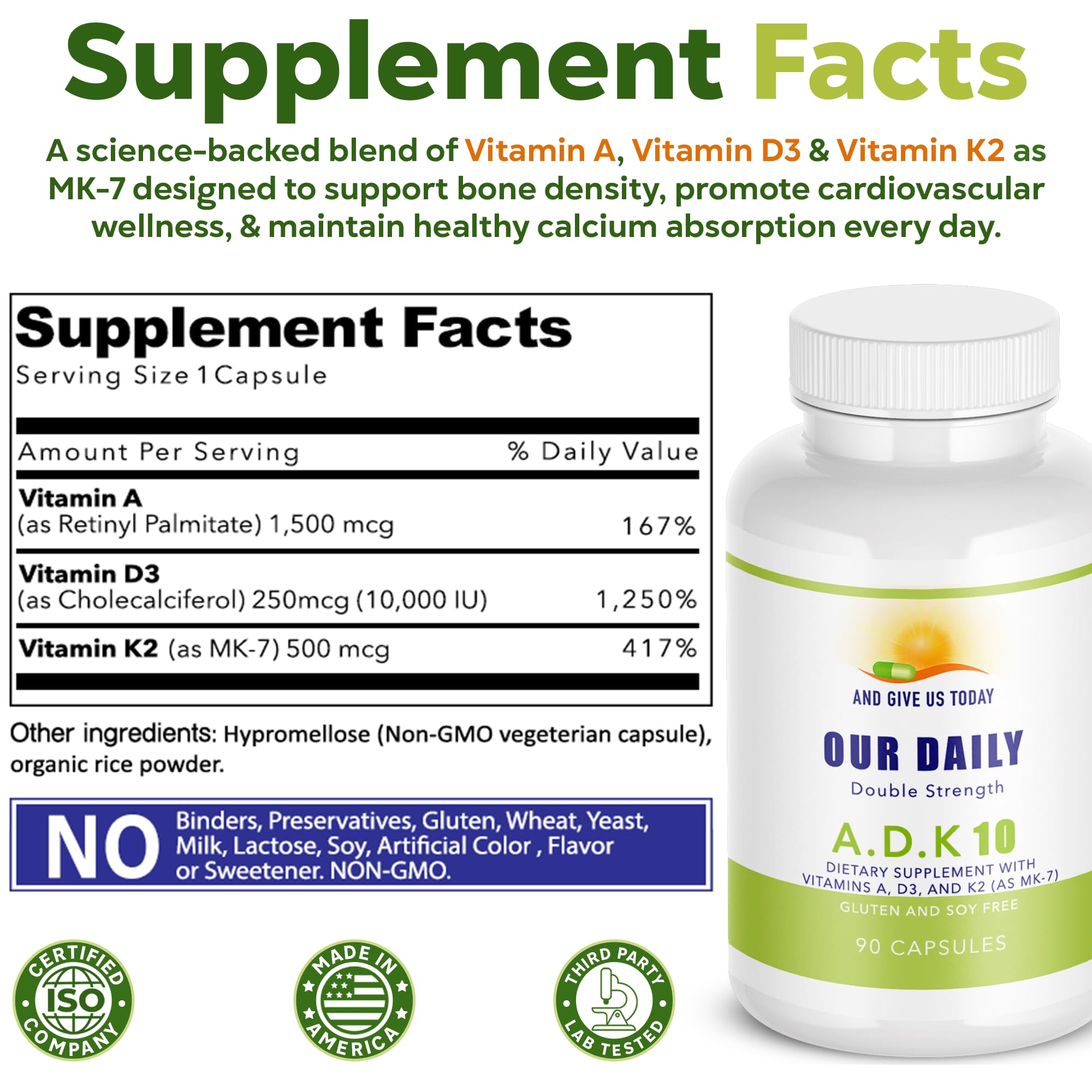 Daily Vites ADK 10 - ADK Vitamin Supplement with Vitamin A, D3 10,000 IU & K2 MK-7 - 90 Capsules (3 Month Supply) - Physician Formulated for Bone, Heart & Immune Support - Non-GMO & Gluten Free — Amazon image 3