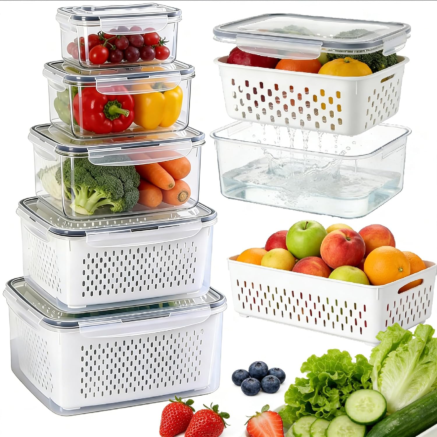 4 In 1 Food Storage Container,Produce Containers for Fridge Organization,Fruit Storage with Drain & Colander, Stackable Fridge Containers for Vegetables & Salad (5pcs-(13oz+28oz+60oz+111oz+146oz)