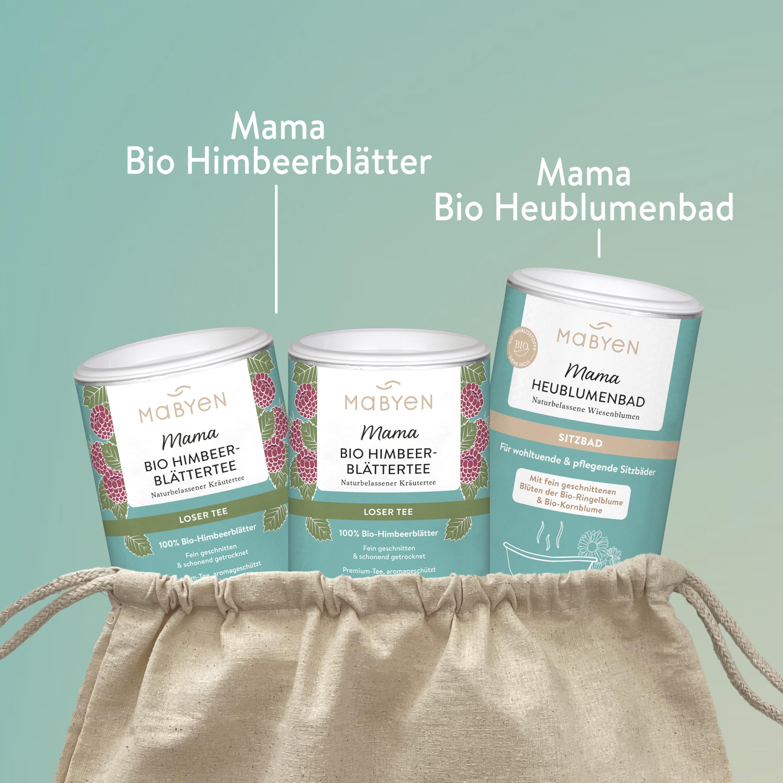 MABYEN Set di preparazione al parto per la mamma | con 2 x Tè alla fragola e 1x Bagno di fieno - 3 prodotti + sacchetto di tessuto - Cofanetto regalo - Set per la gravidanza - Bagno - Preparazione al