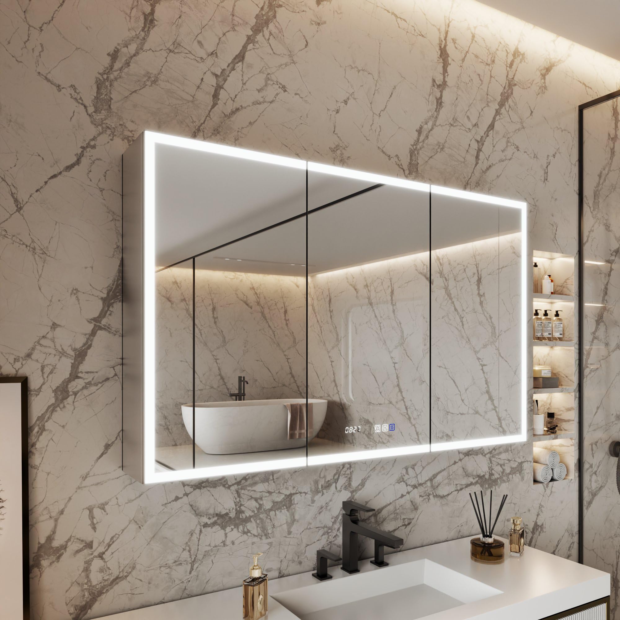 ComfyStyle 48x30 Inch Lighted Medicine Cabinet, Recessed or Surface LED Medicine Cabinet with Clock & Temperature Display, Anti-Fog, 3-Color Dimmable