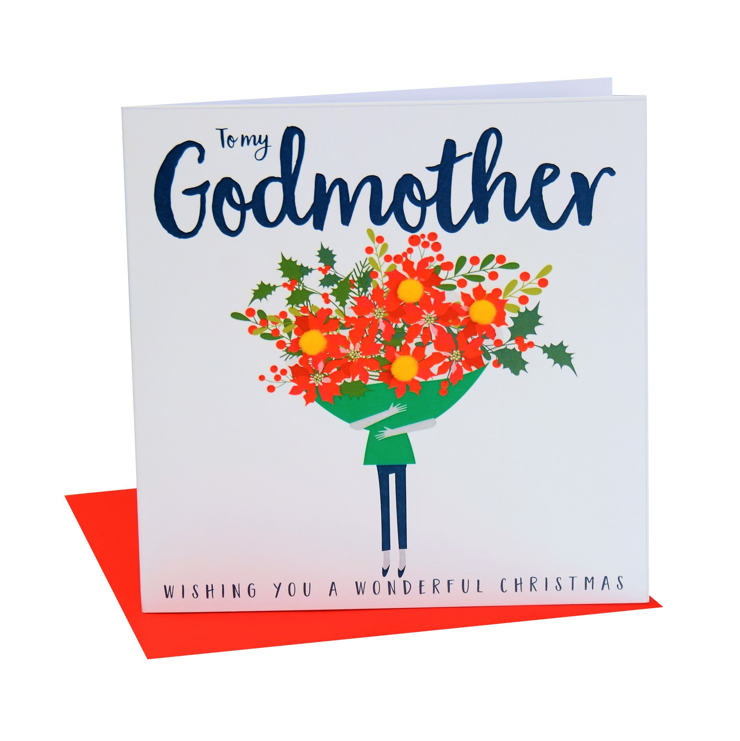 Claire Giles Greeting Cards, Happy Christmas Godmother Card, Christmas Bouquet Design Xmas Greeting Card, Embellished with Colourful Pompoms