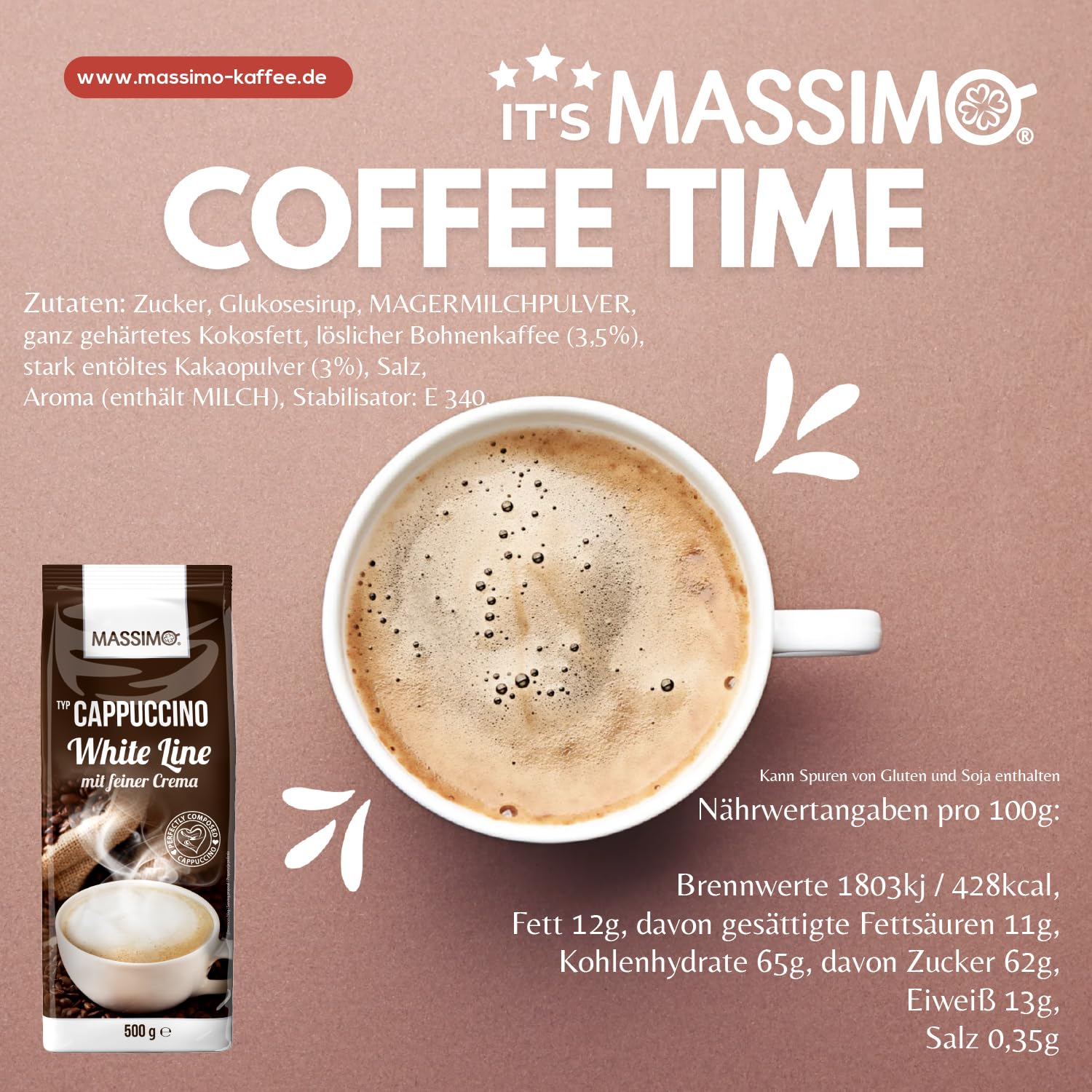 Massimo Cappuccino White Line 10 x 500 g z delikatną kremową – ekonomiczne opakowanie/aromatyzowany proszek do napojów z rozpuszczalnym cappuccino w proszku, wyjątkowo mleczny i kremowy