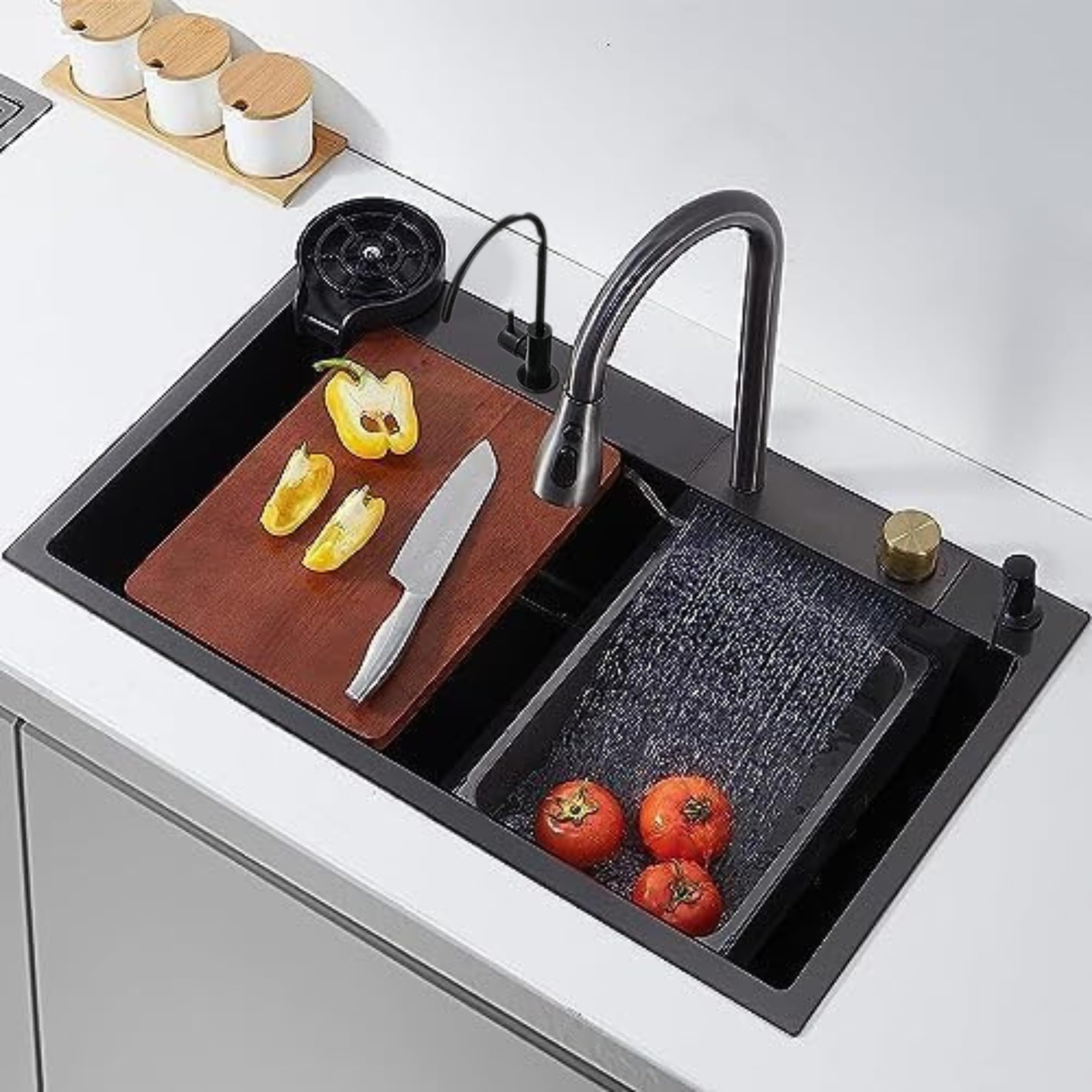 HAPPY HOMES 24X18X9 Inch 304 Stainless Steel BLACK Kitchen Sink With Integrated Waterfall | Pull Down Faucet, Fruit Basket With Complete Accessories- PRO