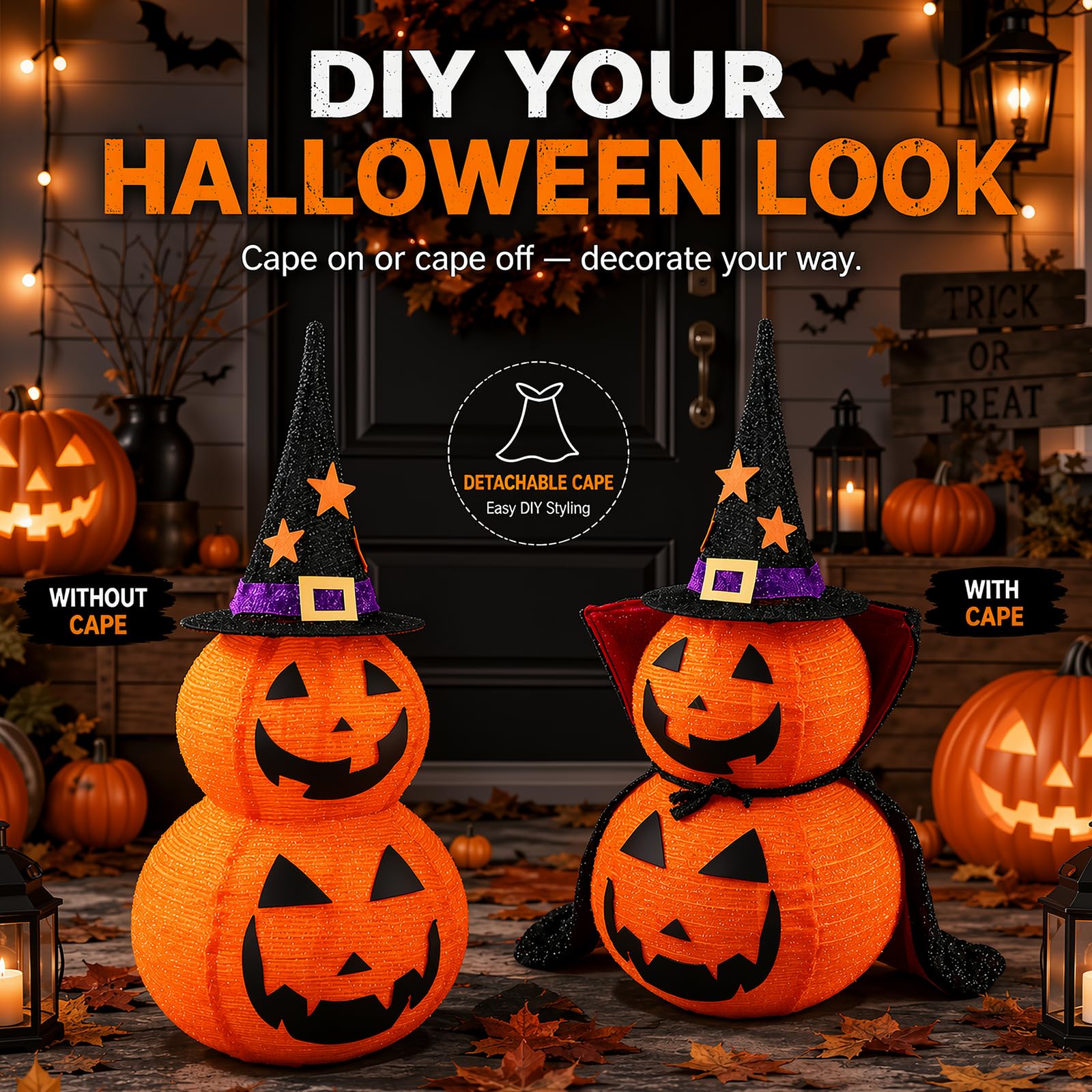 Halloween Kürbis Dekorationen, Lichter mit 50 LED-Lichtern, Faltbarer Kürbis mit Hexenhut-Lichtern, Dekorationen für den Innen- und Außenbereich, Hof, Urlaub, Gartendekoration (85cm)