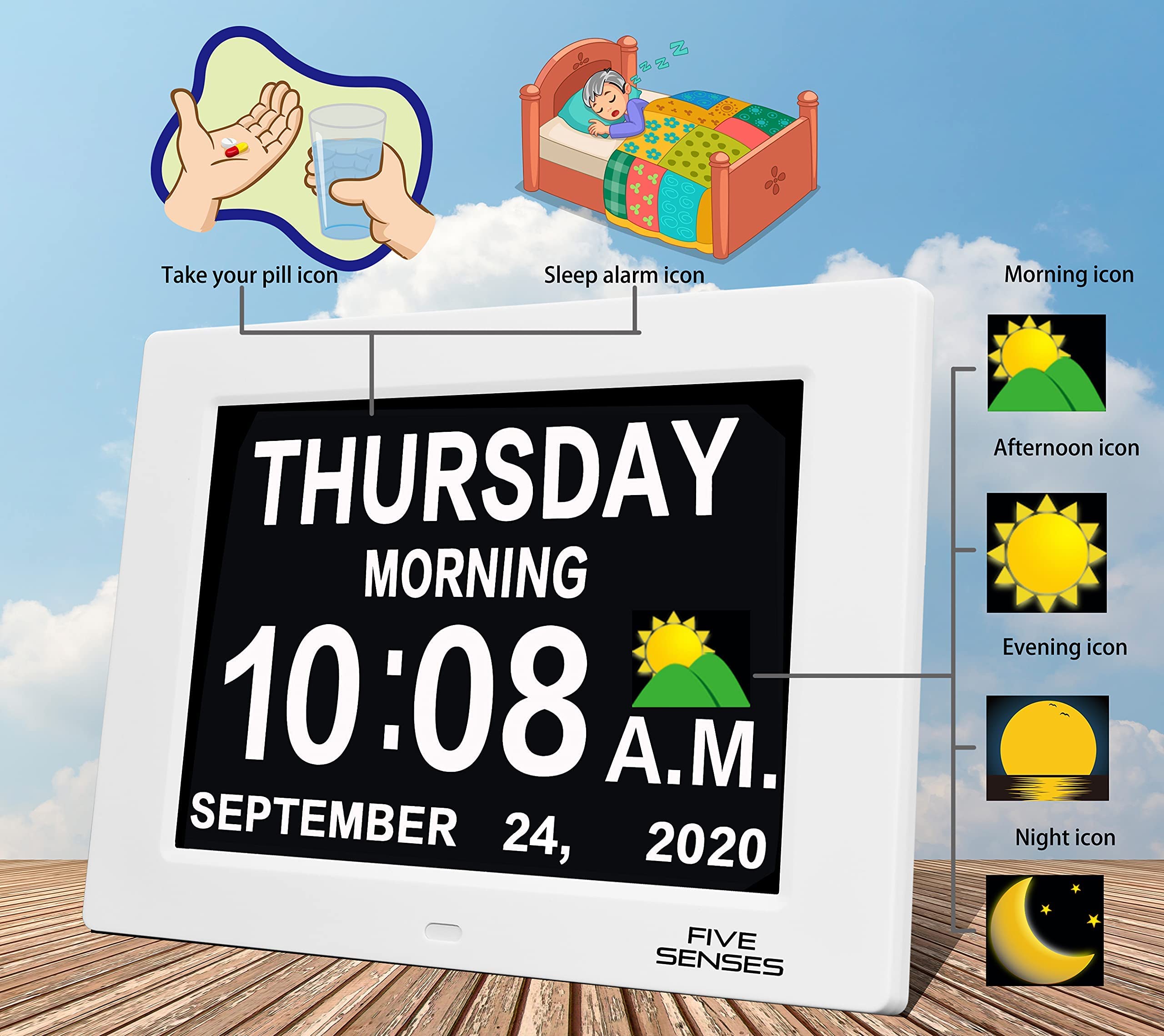Buy 5 Senses 8” Digital Calendar, Clock with Day and Date for Elderly