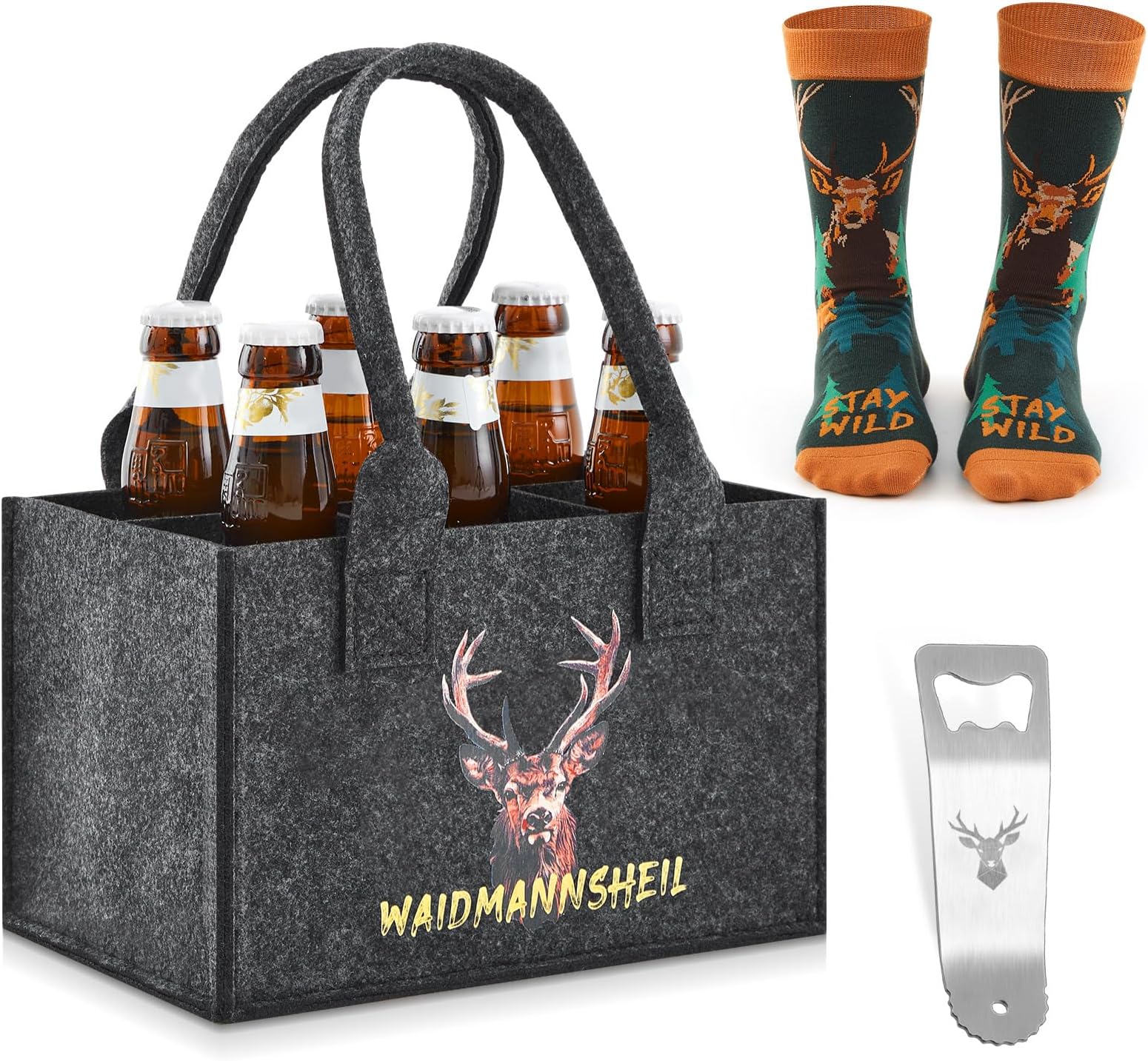 Beer Gifts 24 x 15 x 15 cm Men's Handbag Made of Extra Thick Felt with 6 Compartments and Funny Beer Socks Bottle Opener Bottle Carrier for Birthday Men's Day Men