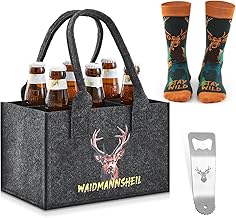 SATINIOR Beer Gifts 24 x 15 x 15 cm Men's Handbag Made of Extra Thick Felt with 6 Compartments and Funny Beer Socks Bottle Opener Bottle Carrier for Birthday Men's Day Men, As shown in the picture