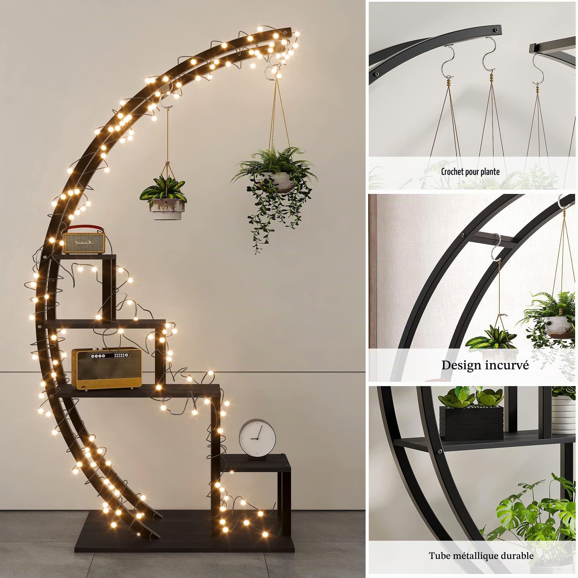 GarveeHome Étagère à plantes demi-lune 5 niveaux, lot de 2, métal noir – Support vertical moderne avec crochets pour pots suspendus –Organisation pour salon, balcon, jardin, terrasse – noir