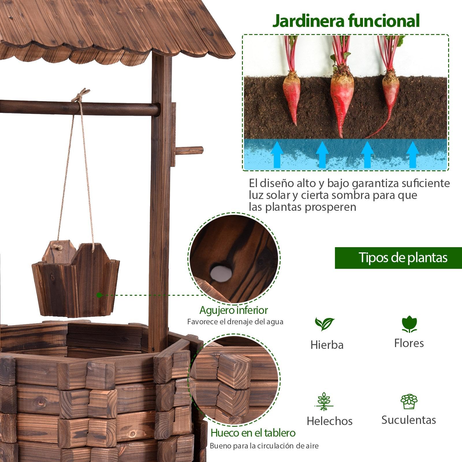 SOARS Pozo de Madera con Techo para Exterior, Fuente de Madera Regulable en Altura, Fuente Decorativa para Patio y Césped, 56 x 56 x 114cm