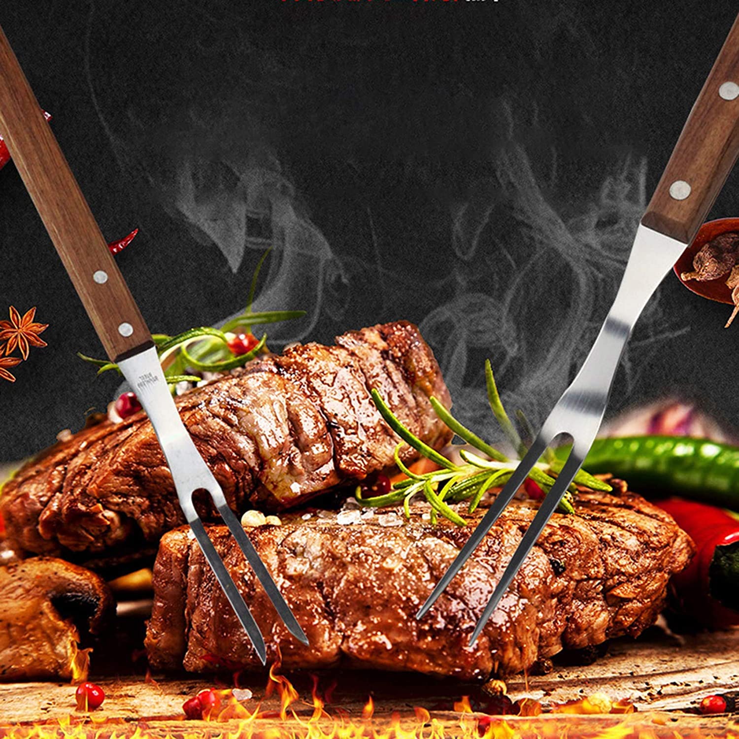 Cuchillos tenedores, tenedores de frutas, juego de cubiertos, cubiertos, tenedor de acero inoxidable for tallar carne con mango de madera, tenedor de barbacoa for barbacoa, cocina, pavo asado, cena, f