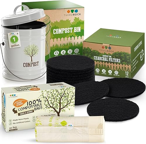 Third Rock - Contenedor de compostaje de cocina de granja de 1.0 galones, color blanco, con suministro de 3 años de reemplazo de filtro de carbón y