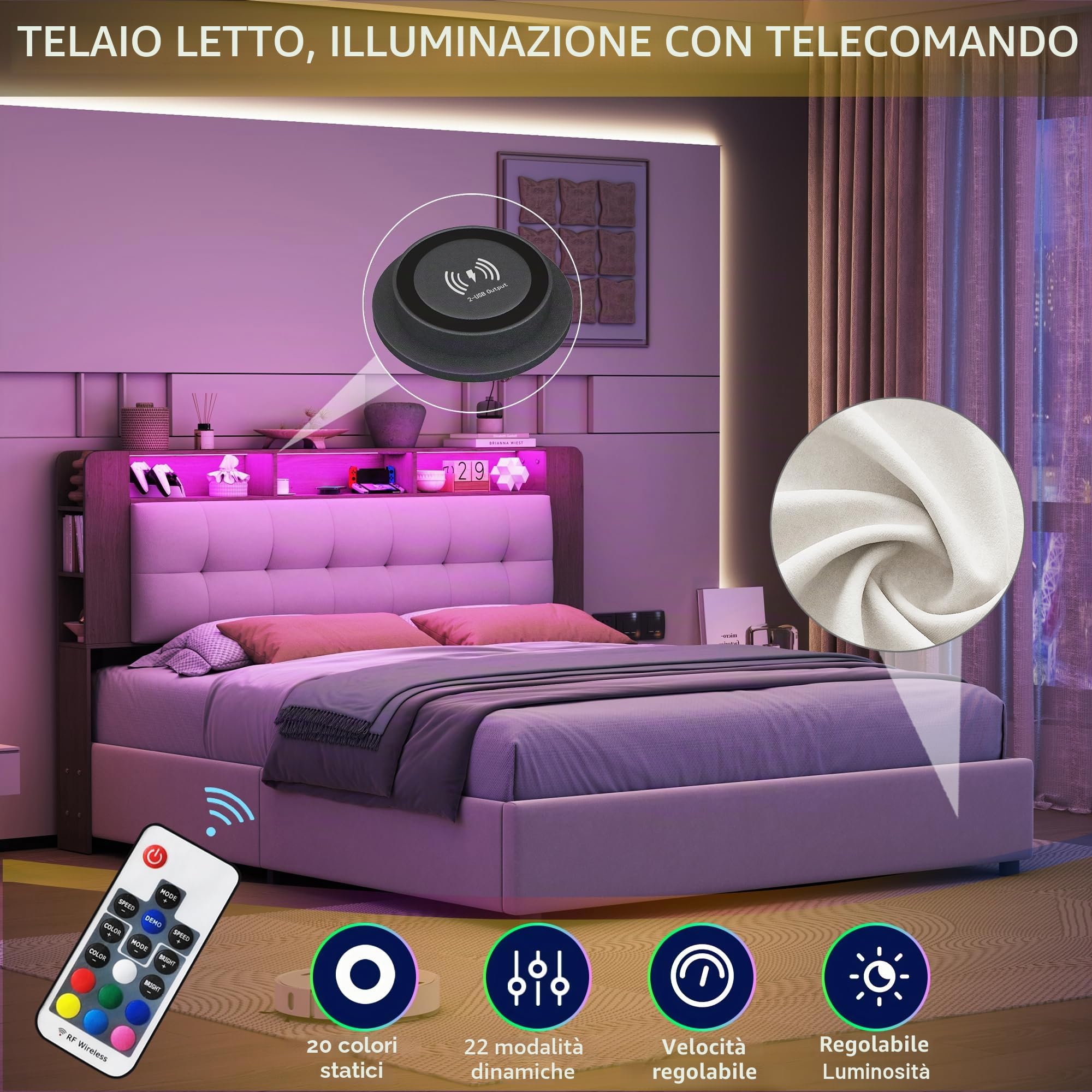 Letto imbottito 160 x 200 cm, letto matrimoniale a LED con testiera e USB, letto idraulico, struttura del letto con rete a doghe in legno, Velluto, senza materasso