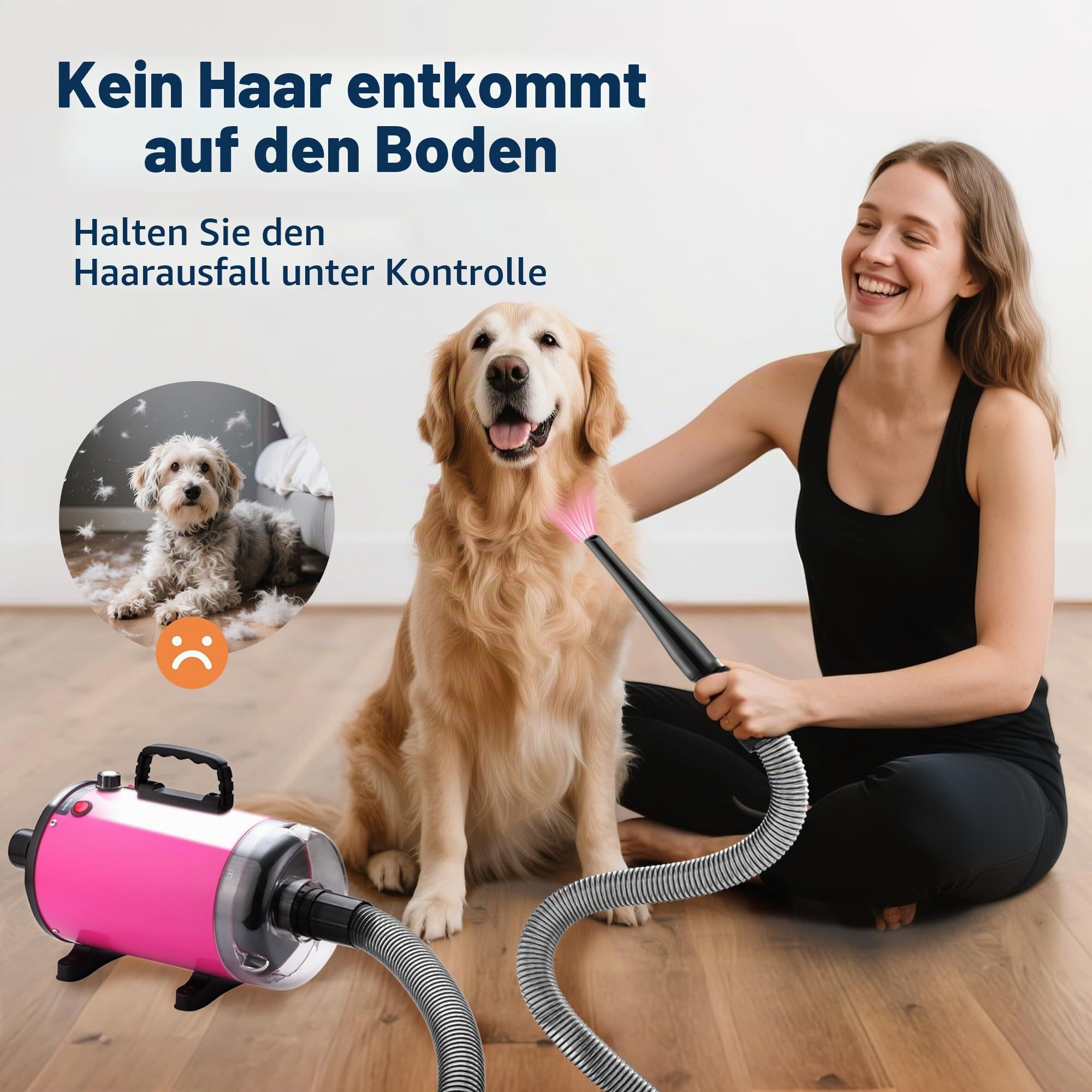 DEWINNER 3200W Hundetrockner| Professioneller 2-in-1 Haustier-Fön mit Staubsauger| Einstellbare Geschwindigkeit und Temperatur| 5 Verschiedenen Düsen| 1 Elastischem Schlauch und Pflegebürste| Rosa
