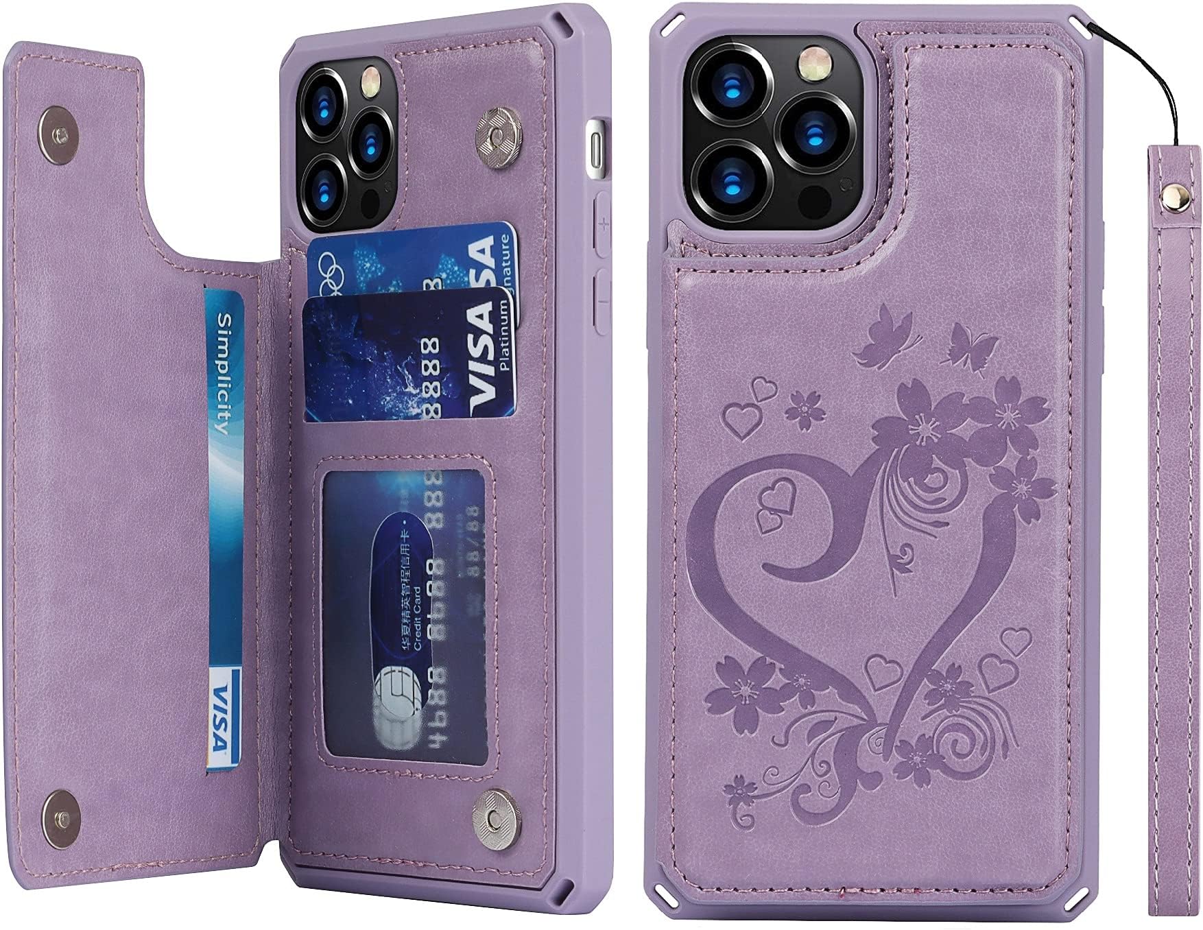 iCoverCase Compatible with iPhone 12/12 Pro Wallet Phone Case with Card Holder for Women, RFID Blocking Embossed PU Leather Wrist Strap Case (Heart Purple)