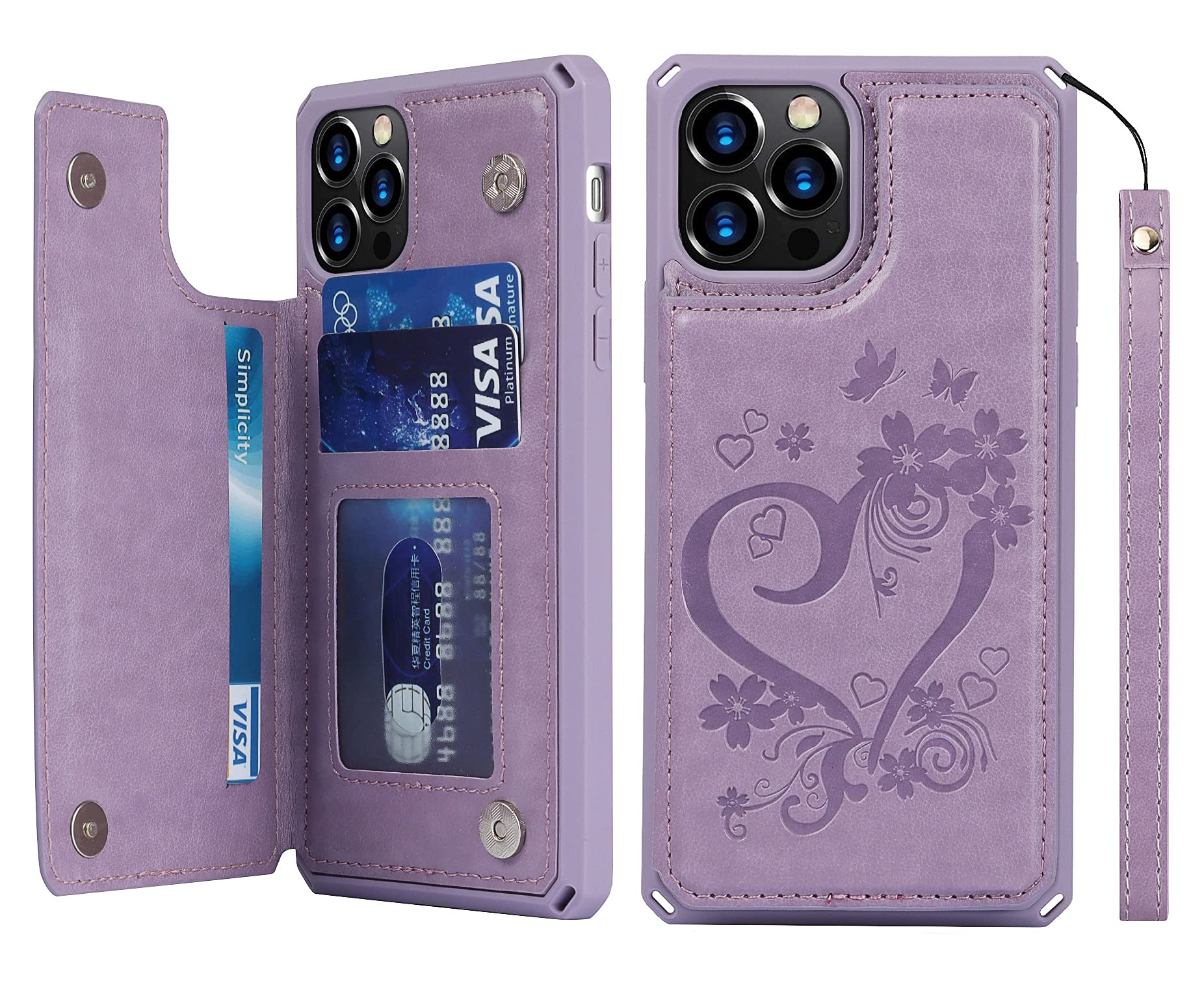 iCoverCaseCompatible with iPhone 12 Pro Max Wallet Phone Case with Card Holder for Women, RFID Blocking Embossed PU Leather Wrist Strap Case 6.7 Inch (Heart Purple)