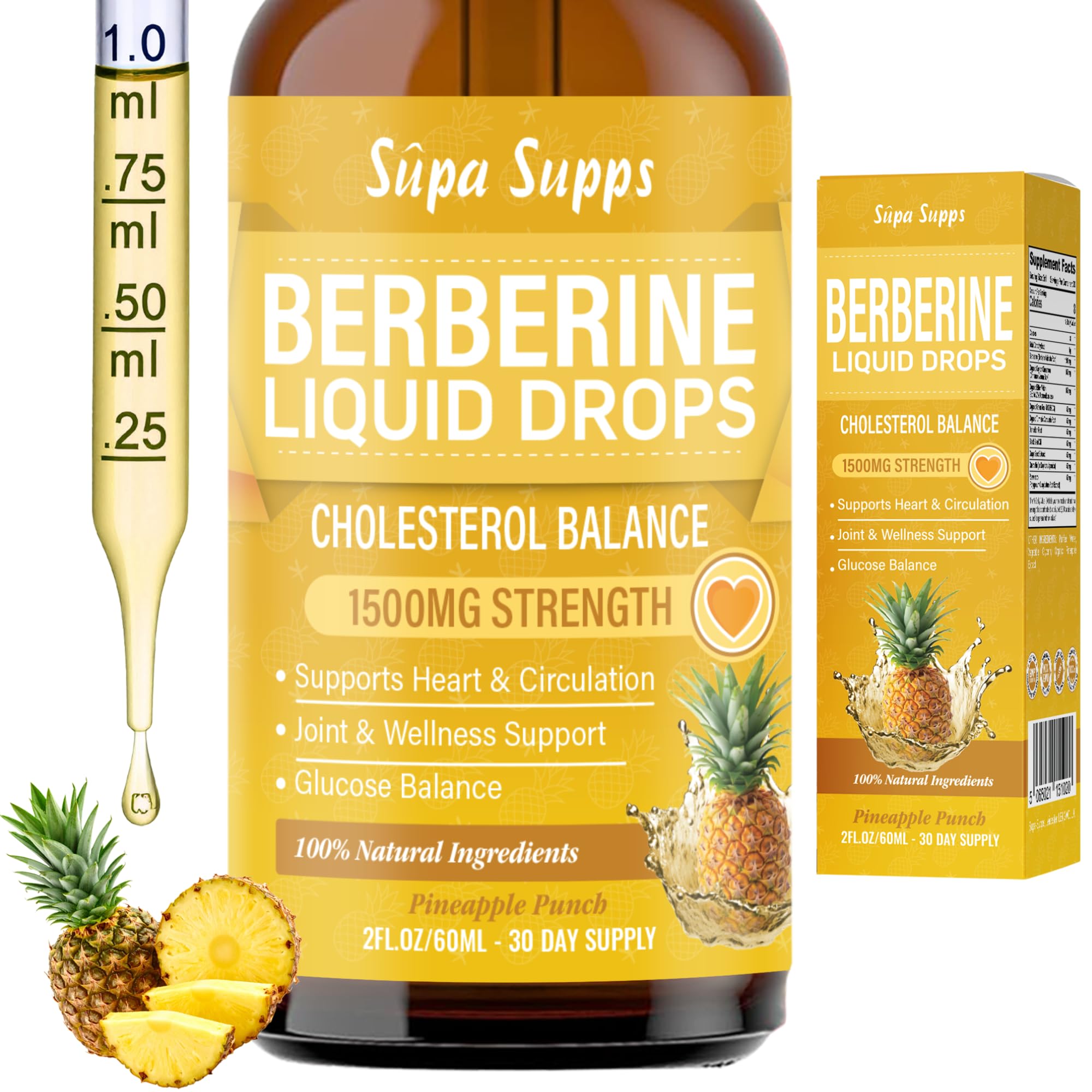 Berberine Liquid 60ml Pineapple Flavour | Supa Supps Berberine Supplement with Berberine HCl, High Strength 20000mg Equivalent, Easy Liquid Drops Alternative to Berberine Patches for Wellness & Energy