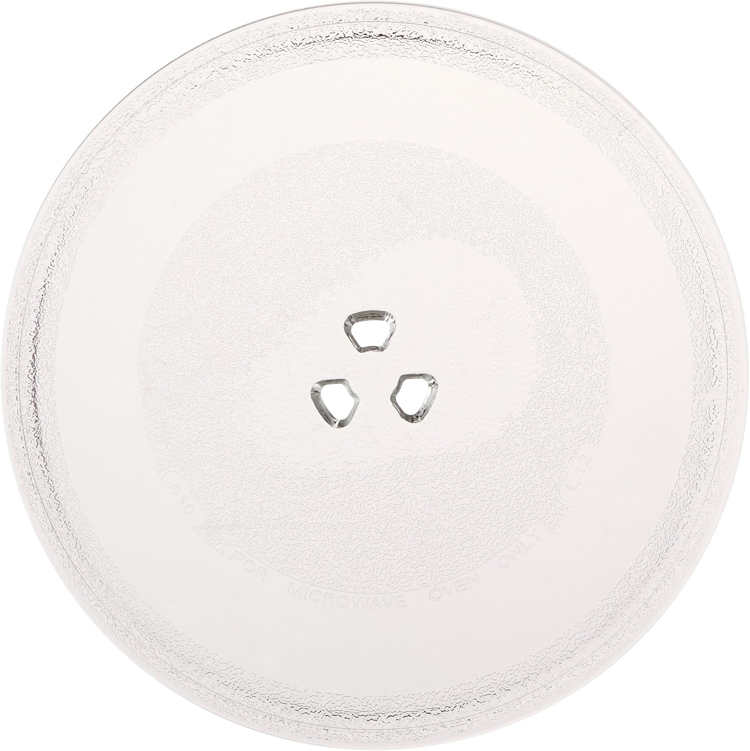 Top-down view of the ewave 10-inch Microwave Glass Plate/Tray, showing its clear glass construction and three central indentations for coupling.