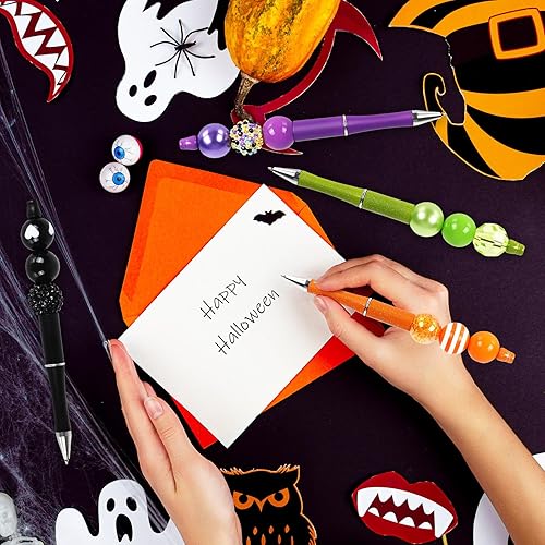 Miniatura 5 de Whaline 16 bolígrafos de cuentas de Halloween, color naranja, negro, morado, verde, con cuentas, bolígrafo de tinta de gel con 100 cuentas de