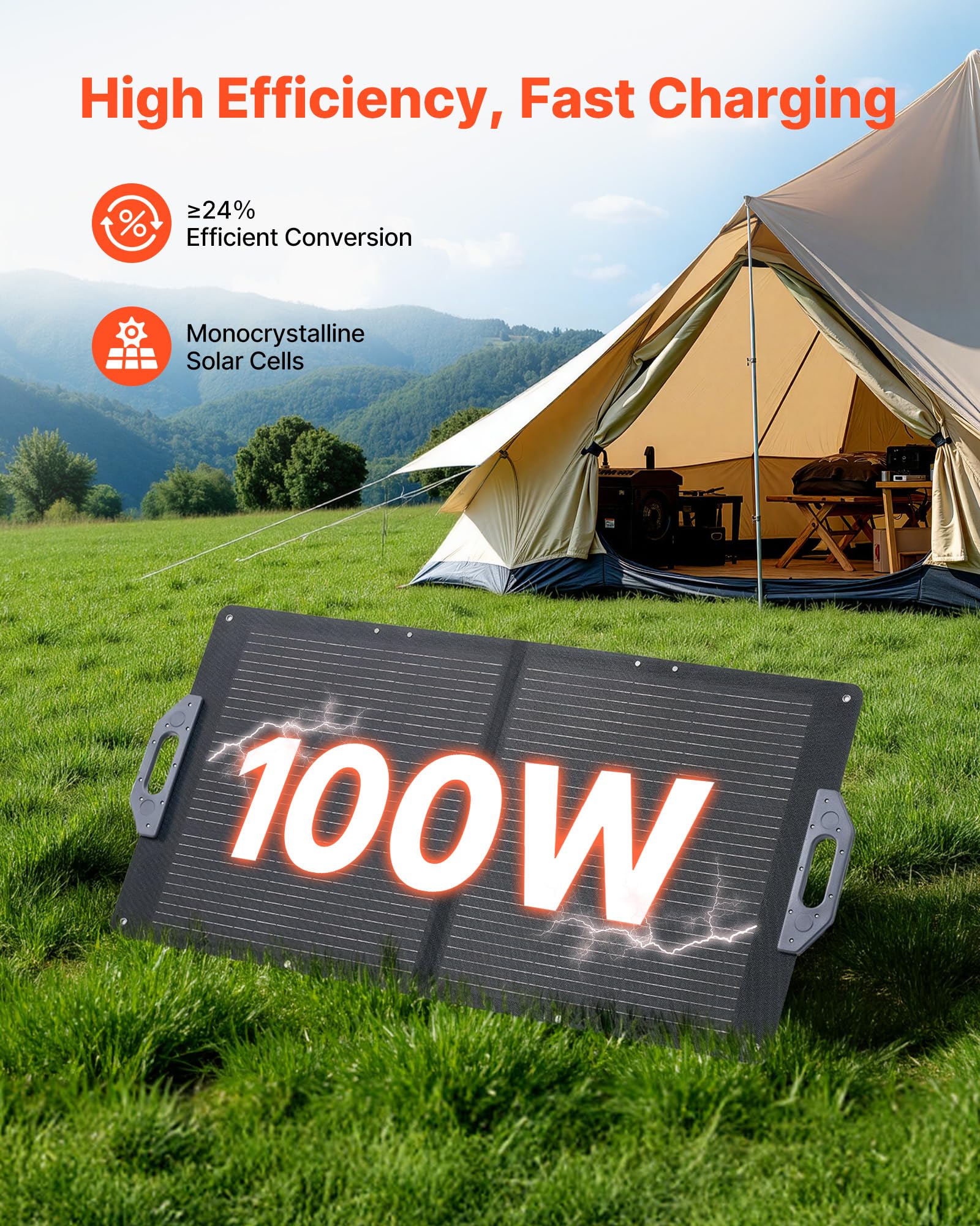 VEVOR Składany panel słoneczny 100 W, przenośny monokrystaliczny panel fotowoltaiczny z wyjściem MC4, porty USB-A, typ C, IP65 wodoodporny do elektrowni, na kemping, wędrówki