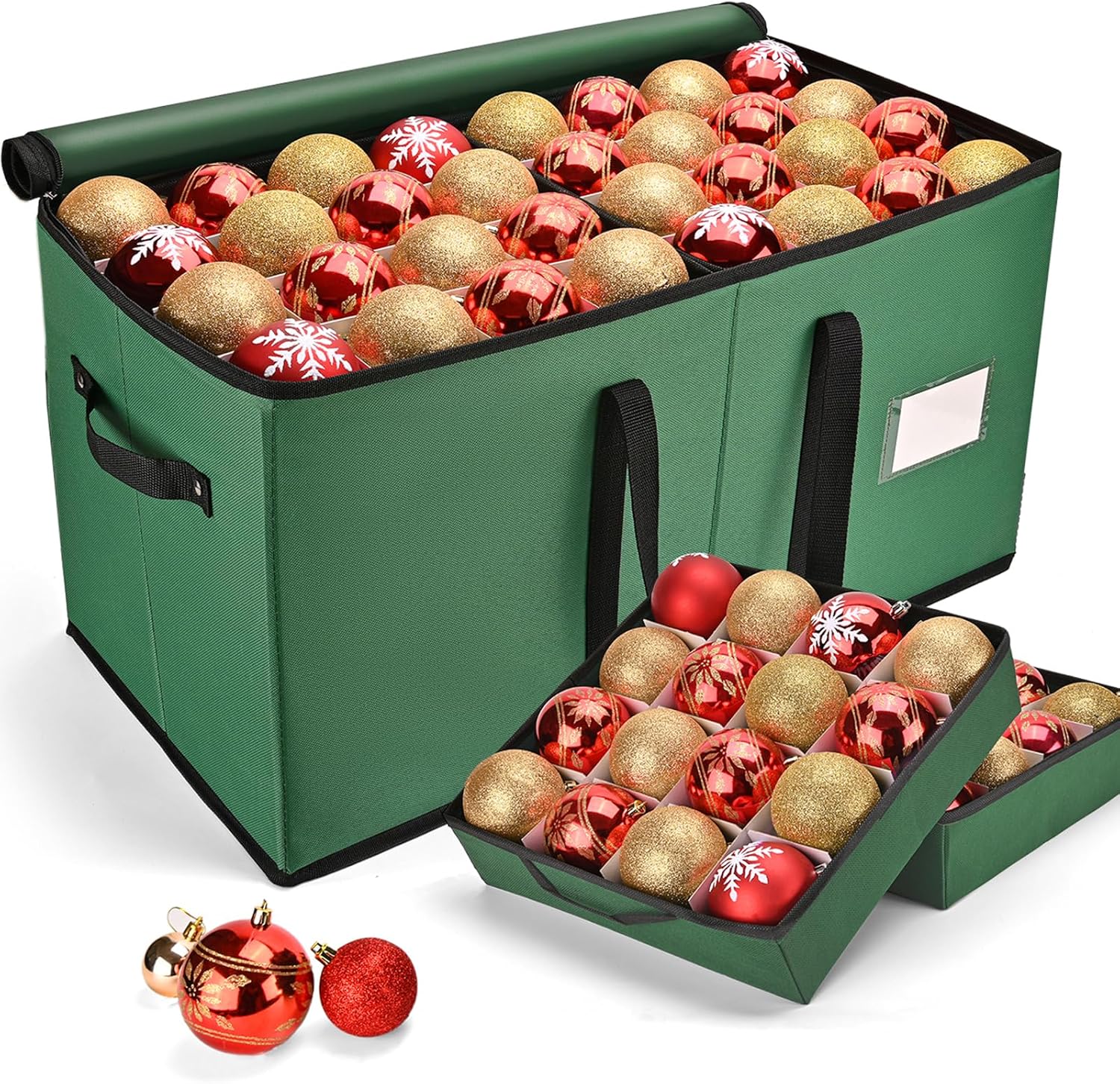 Keten Christmas Ornament Storage Boxes with 8 Individual Trays, Fits 128 Holiday Ornaments 3-Inch, Christmas Ball Accessories Container with 48 Dividers, Dual Zippered Closure, 600D Oxford (Green)