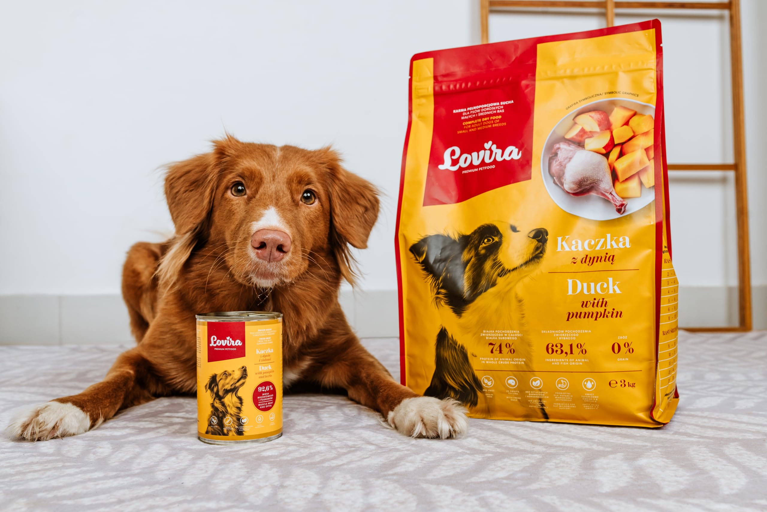 Lovira - Hundefutter Trocken - Trockenfutter für Hunde - Getreidefrei, mit hohem Fleischanteil 50% Ente - mit Kürbis, Kräuter & Gemüse - Hundetrockenfutter Sensitiv - Erwachsene Hunde - 3 x 3kg