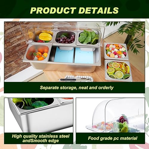 Miniatura 5 de Tessco Recipiente refrigerado por hielo para servir condimentos, dispensador de barra de acero inoxidable con tapa, con 6 abrazaderas, 6 cucharas y