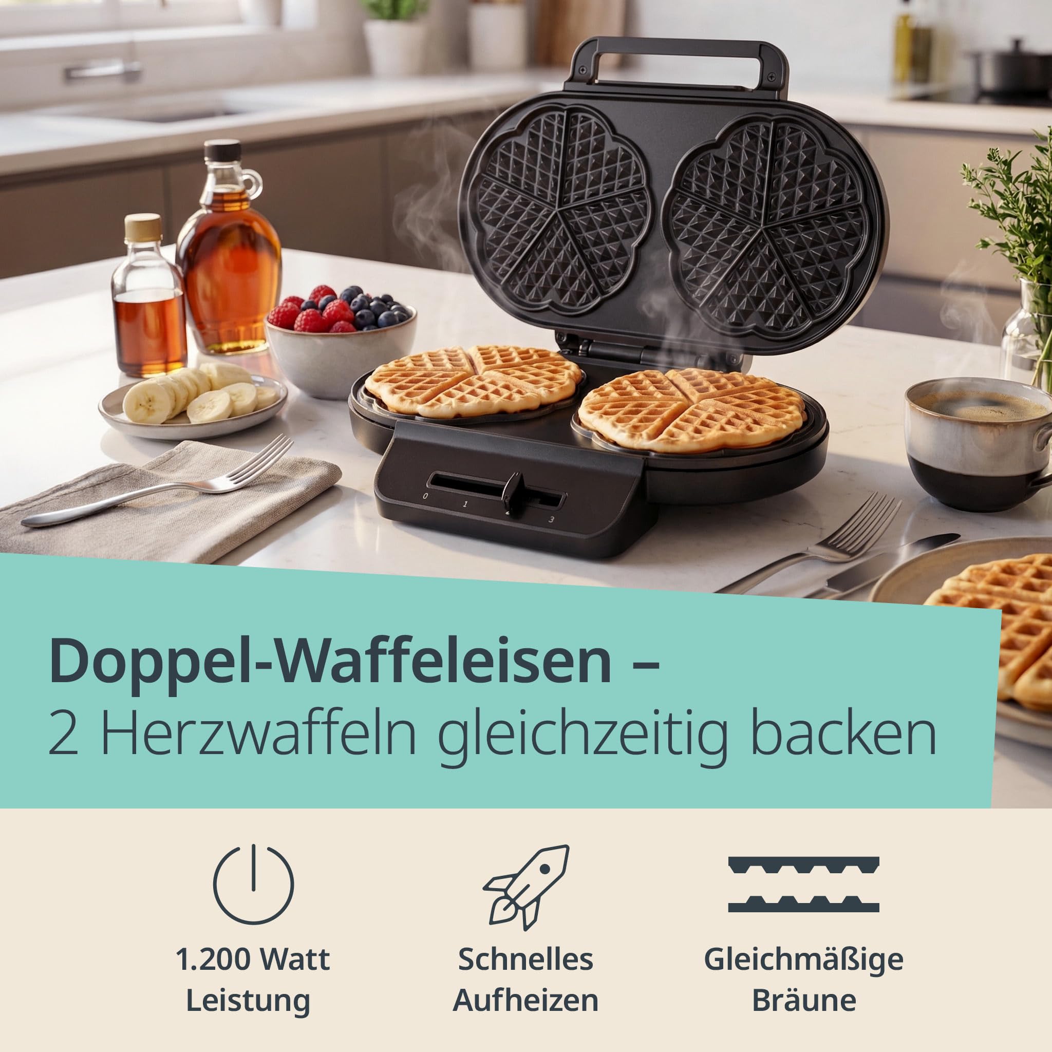ADE Duo-Waffeleisen | antihaftbeschichtetes Doppelwaffeleisen für zwei klassische Herzwaffeln | stufenloser Temperaturregler | 1.200 Watt Leistung | perfekt für Kindergeburtstage | schwarz