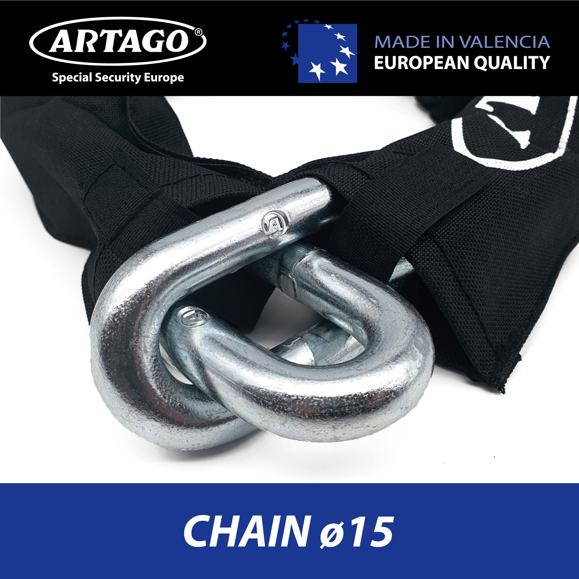 Artago 14.150 Chaine Antivol Haut de Gamme ø15mm, Sécurité Maximale Testé Homologuée Sold Secure Gold, BUNKER SELECTION 150cm, Revêtement Nylon Anti-rayures, Anti vol pour Moto, Parking Portails